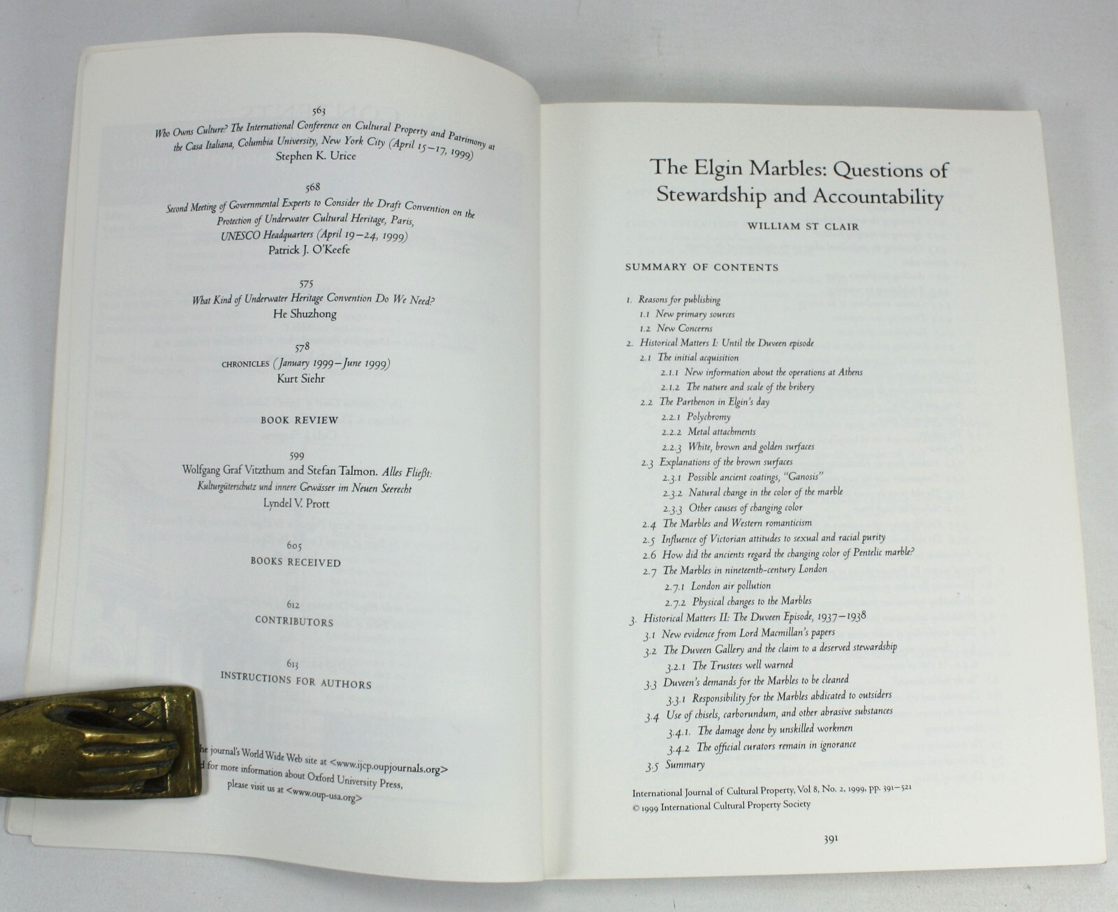 Elgin Marbles Arguments; International Journal of Cultural Property – 4 Issues