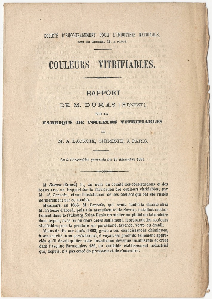 Vitrifiable Colors for Ceramics & Glass Painting 1881 French Report by Dumas
