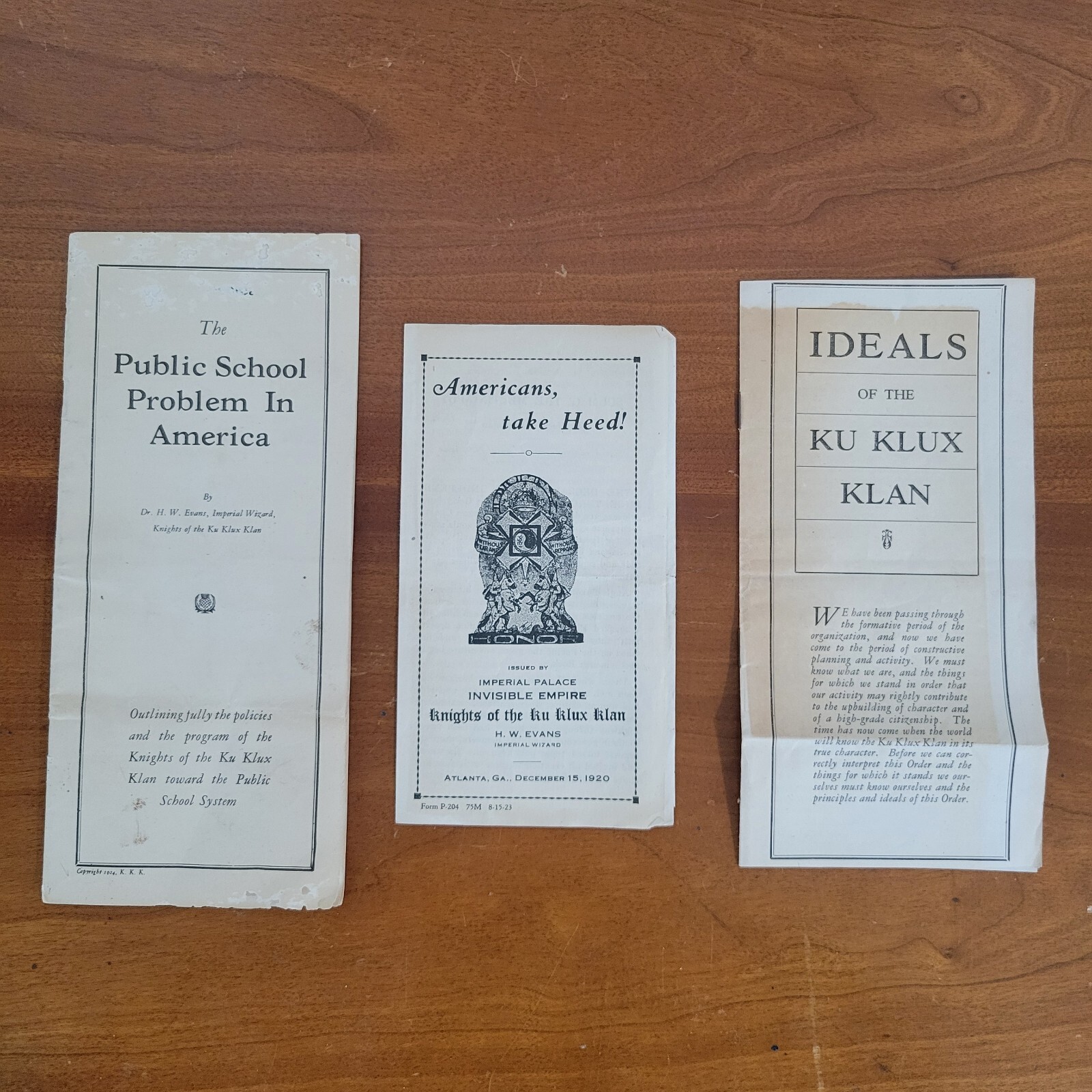 Lot of 3 Hiram Wesley Evans Pamphlets Handbills Original Public School Problem
