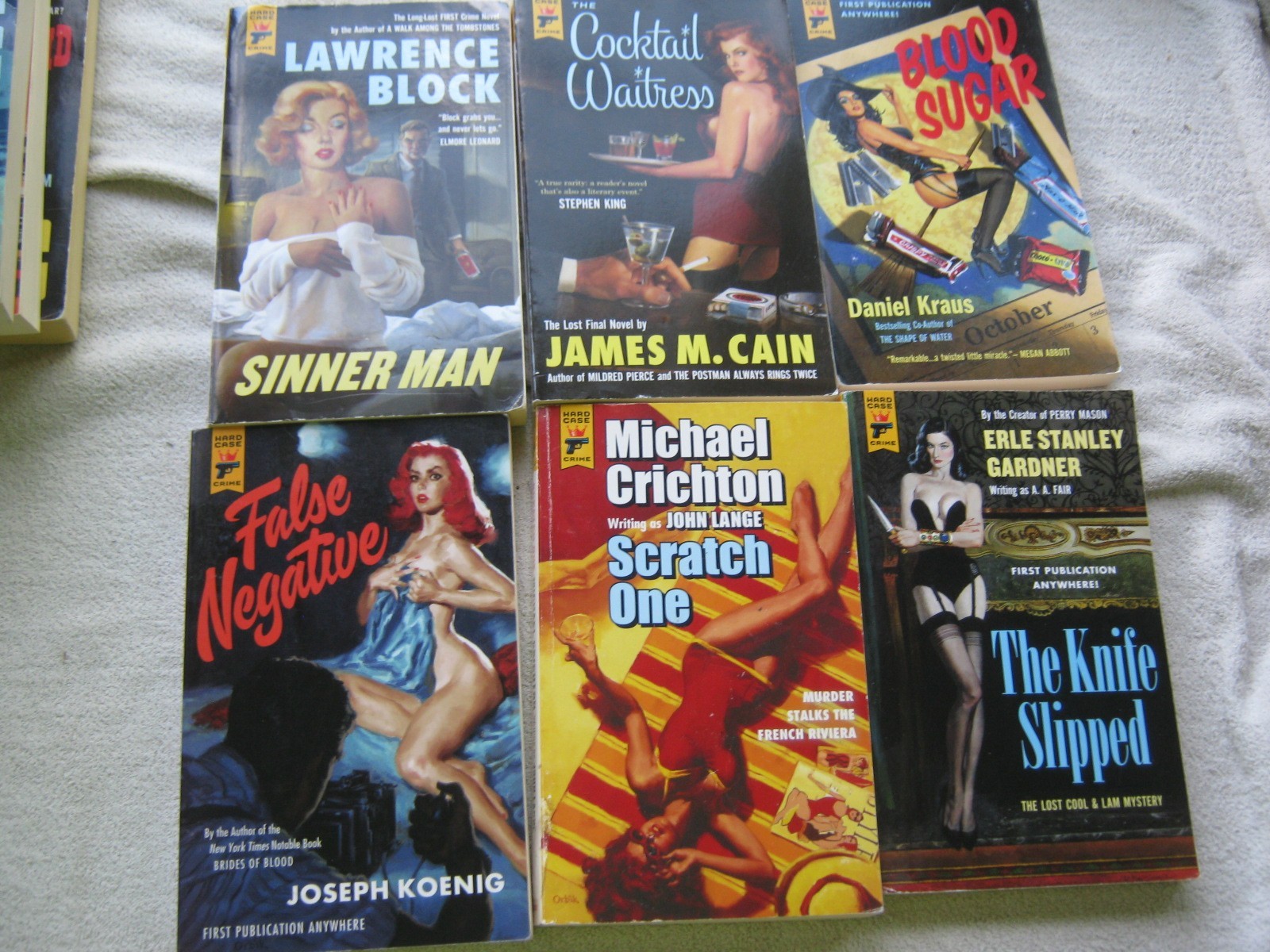 6 HARD CASE CRIME – LAWRENCE BLOCK – MICHAEL CRICHTON – JAMES M CAIN – GARDNER