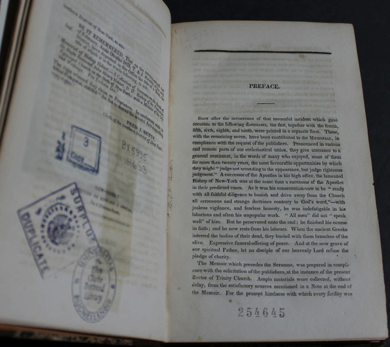 Antique Rare Old Book Memorial Bishop Hobart 1831 Sermons Scarce Religion