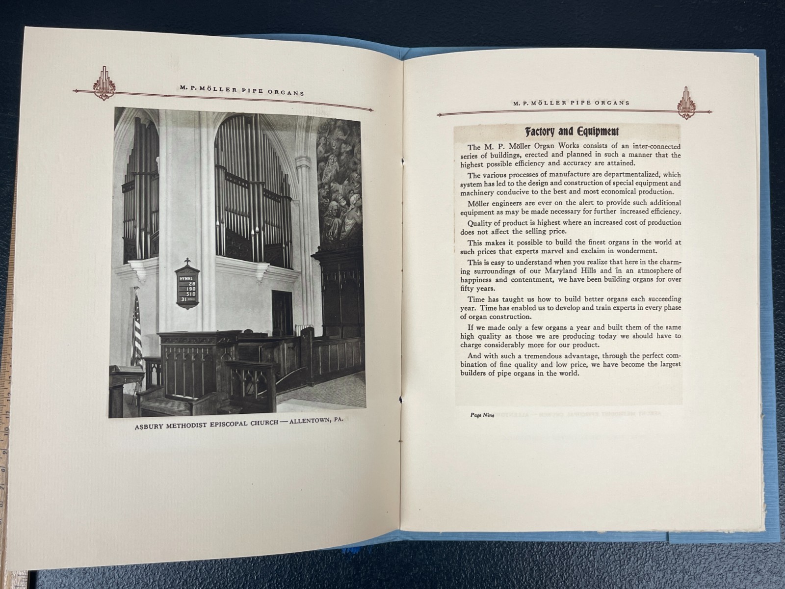 M.P. Moller Pipe Organs History & Advertising Antique Catalog 1920s Music