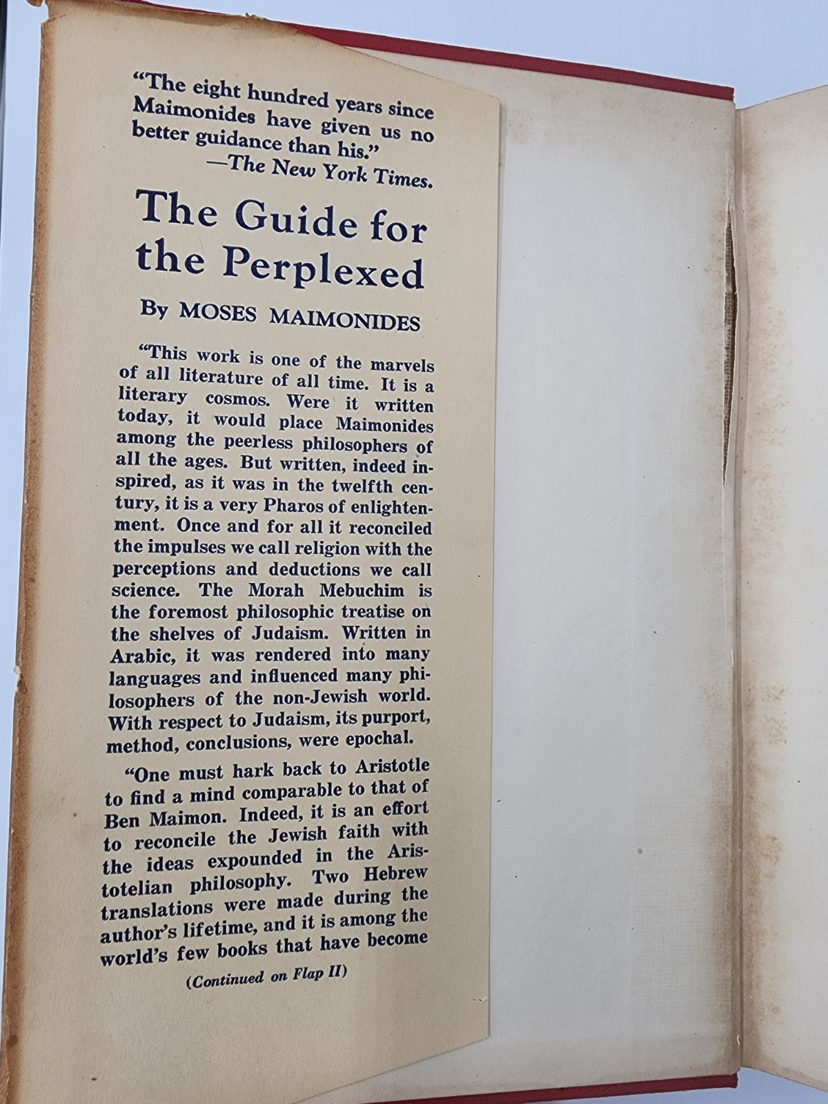 The Guide for the Perplexed Moses Maimondes 1936 Friedlander Translation Hardcov
