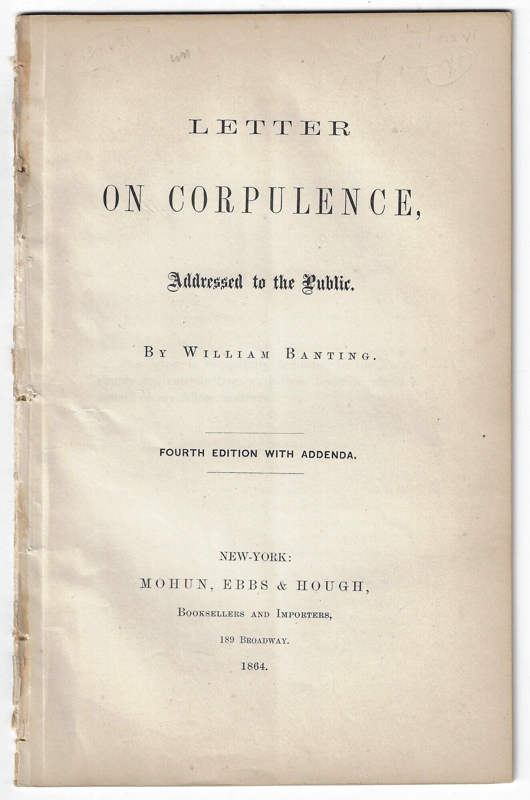 WILLIAM BANTING Letter on Corpulence Low Carb Diet 1864
