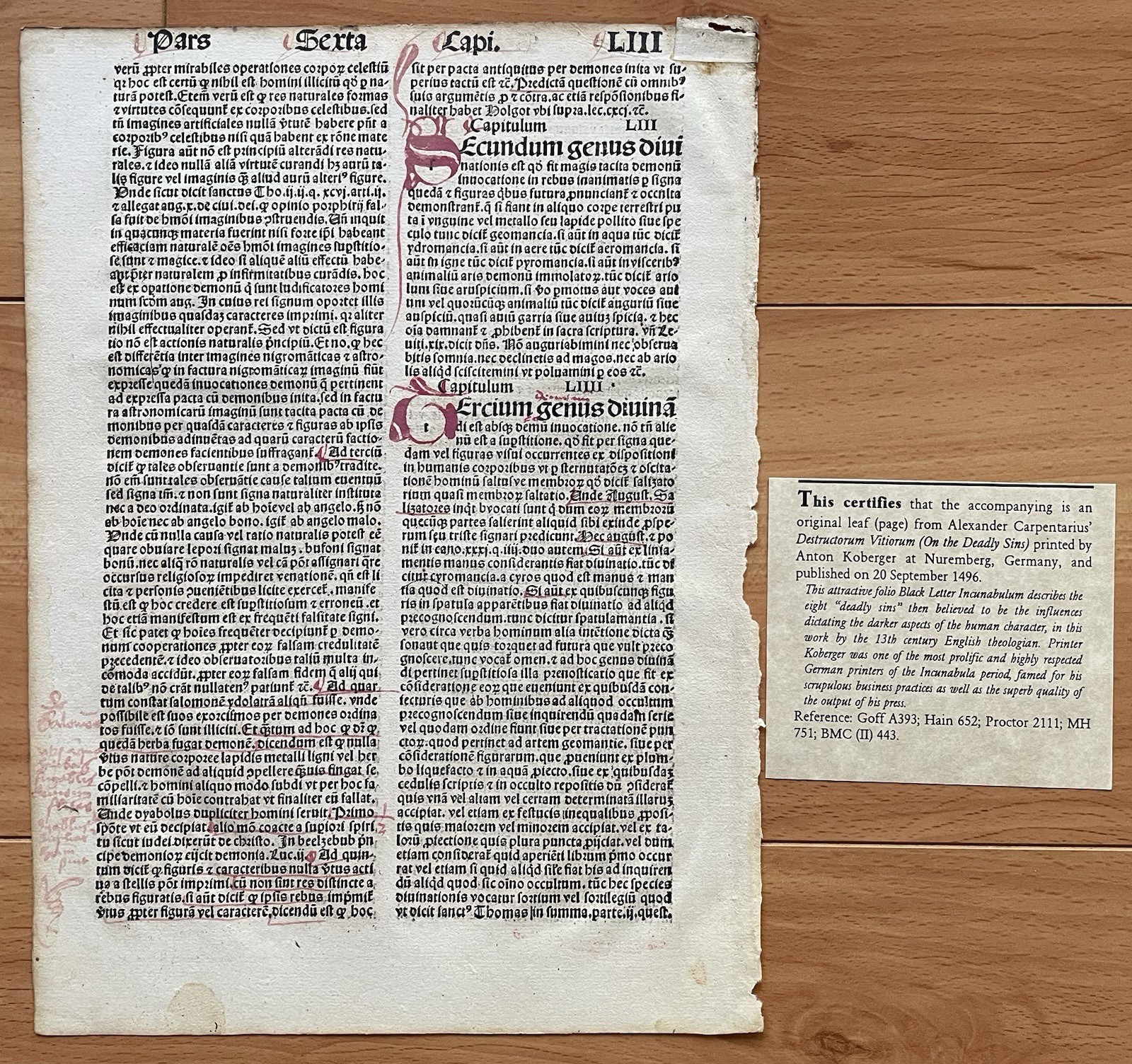 Original Leaf 1496 Destructorium Vitiorum By Alexander Carpentarius Nuremberg