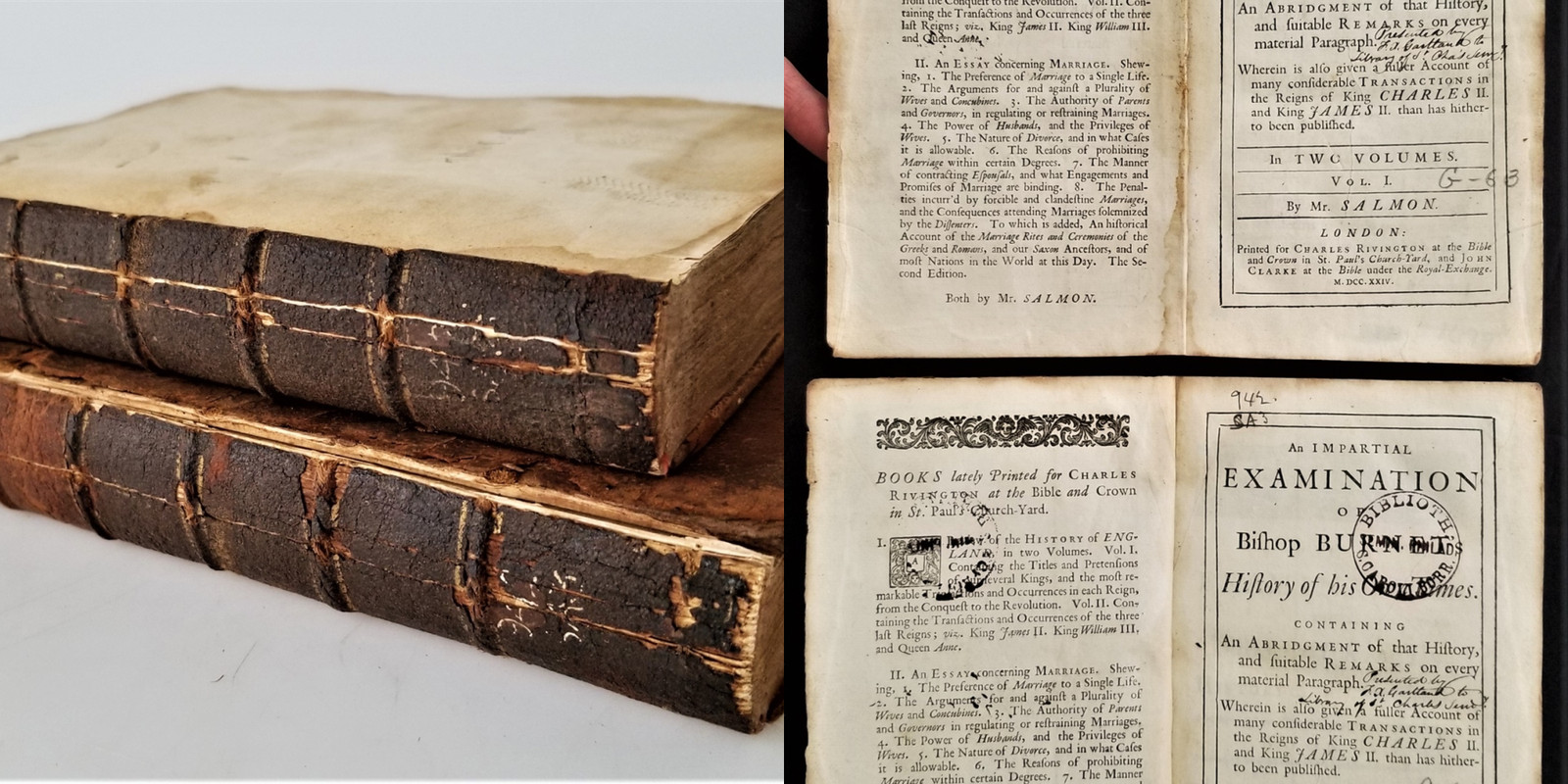 1724 antique IMPARTIAL EXAMINATION of BISHOP BURNET’S HISTORY 2 vol set