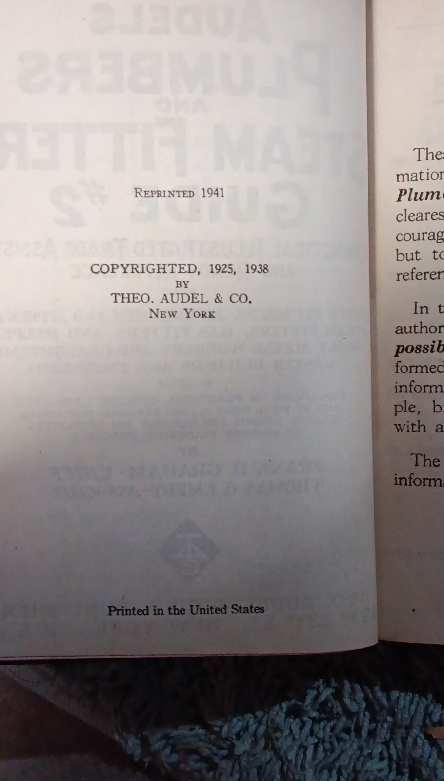 Theo Audel Plumbers Steam Fitters Guide Vol 1 & 2 1941 Hardcover Illustrated