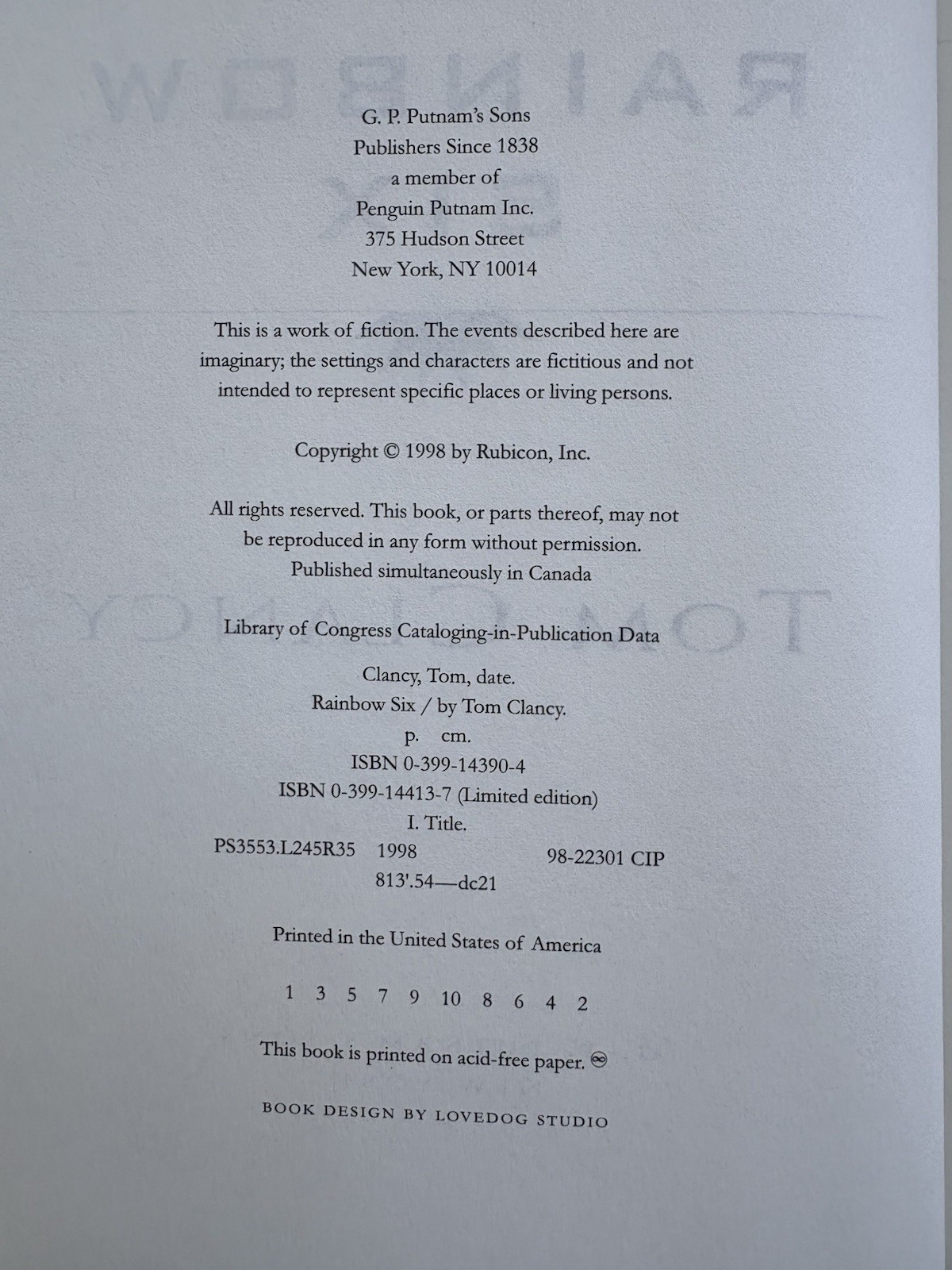 Tom?Clancy?–?Rainbow?Six? Ltd Edition? First?Printing,? Near Mint W/Dust?Jacket)