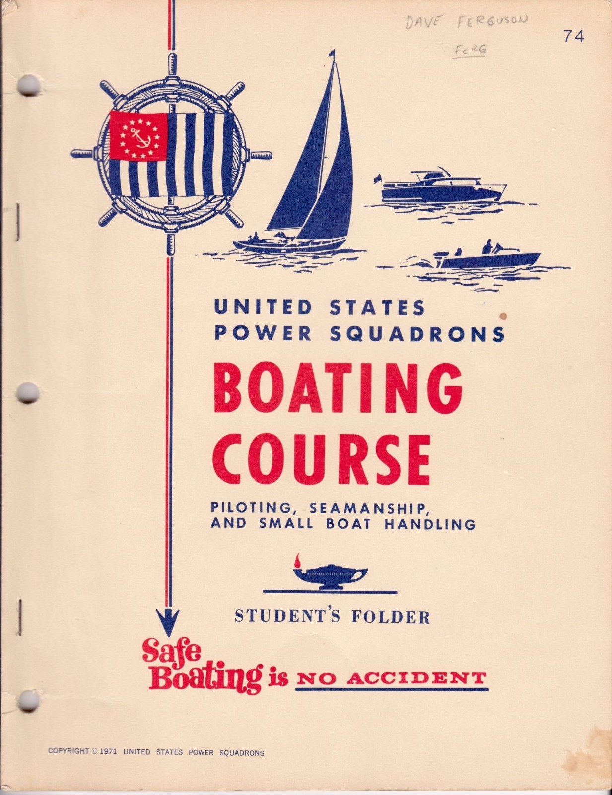 1974 USPS Boating Course Student Folder w Fold-Out Map U.S. Power Squadrons