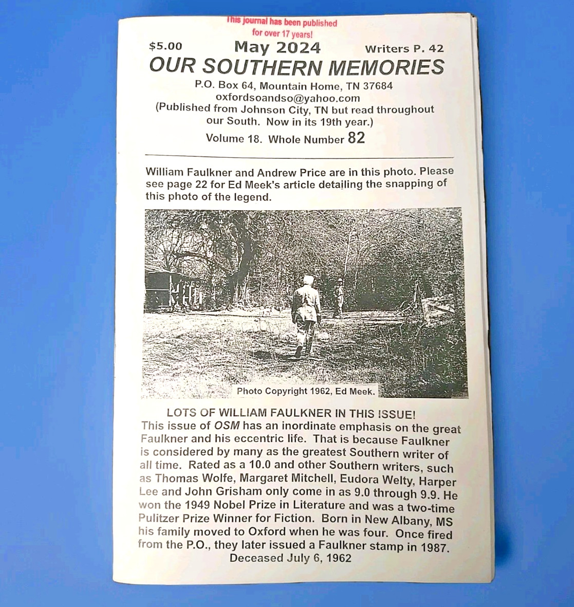 Our Southern Memories Newsletter, Tennessee, May 2024, William Faulkner Issue