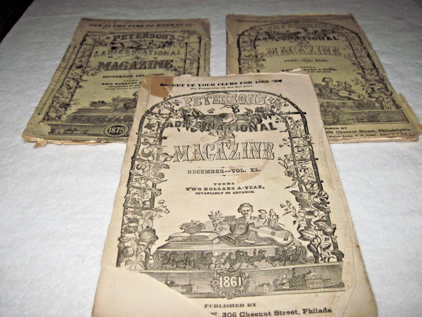 3 Antique Petersons Individual Mags 1861 1863 1875 – 1 Color Fashion Plate Godey