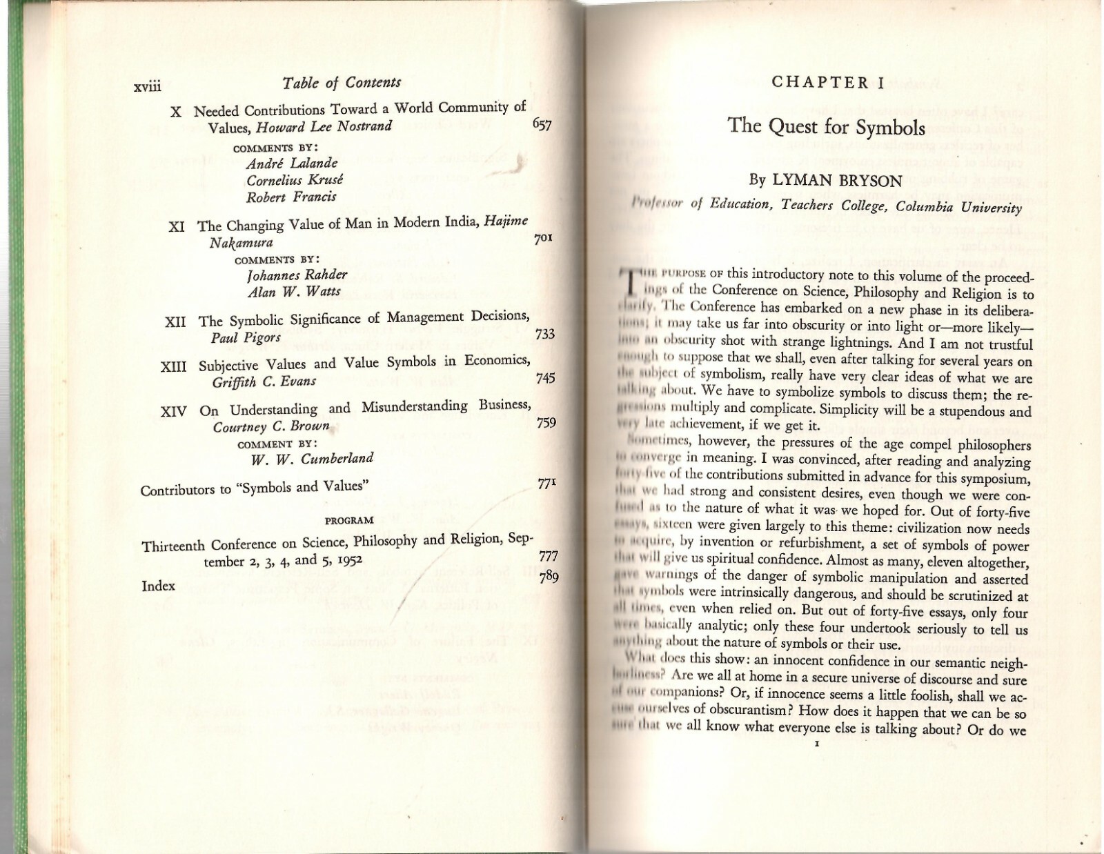 SYMBOLS AND VALUES (Conference on Science, Philosophy & Religion) – Bryson 1964