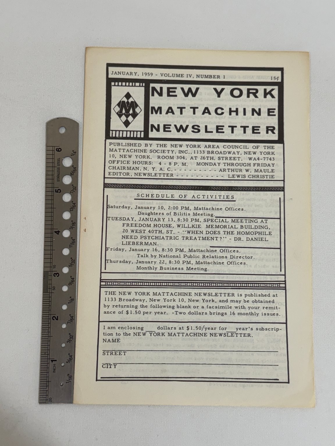 NEW YORK MATTACHINE NEWSLETTER Vol IV No 1 1959 LGBT Homophile Movement Rare