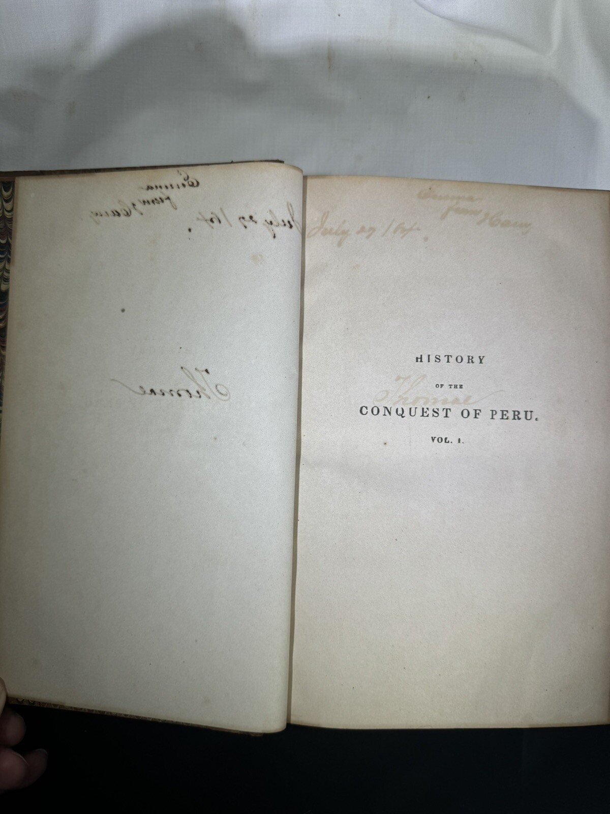 ANTIQUE 1851 HISTORY OF THE CONQUEST OF PERU by William H. Prescott Vol. I Gift