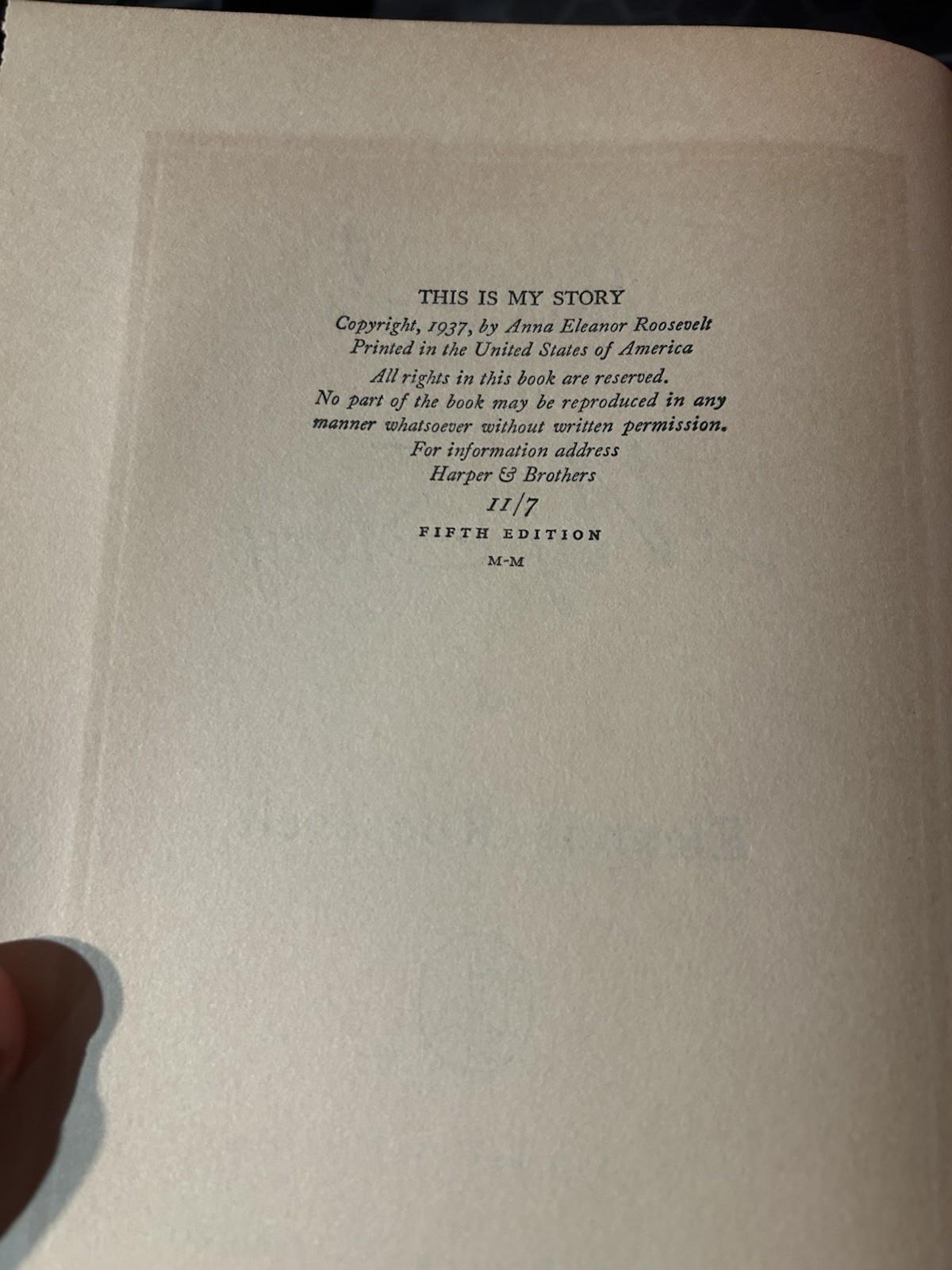 Eleanor Roosevelt This Is My Story 1937 Stated 5th Ed