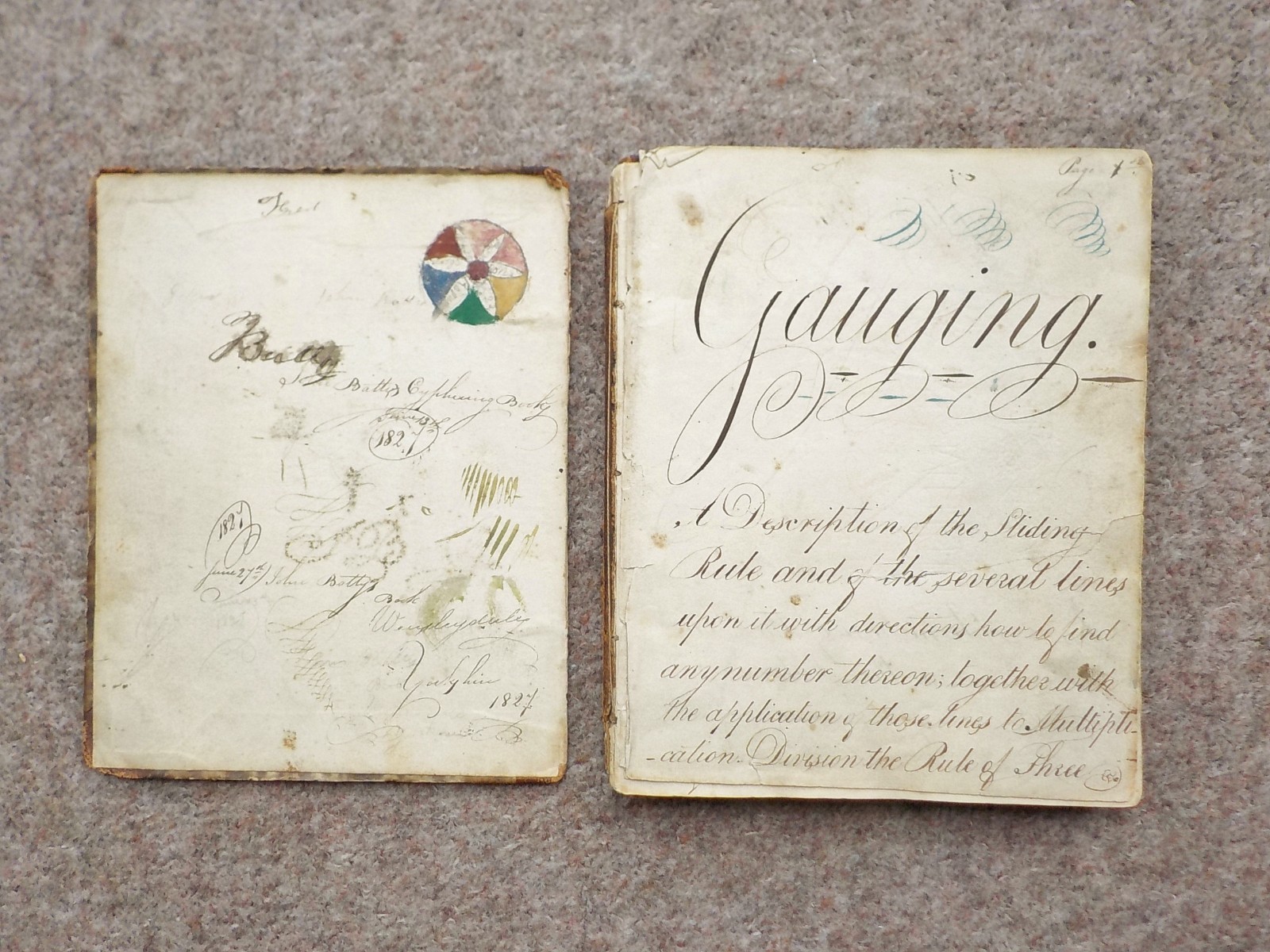 1827 Handwritten Georgian Maths book Slide Rule etc Calligraphy + Illustrations