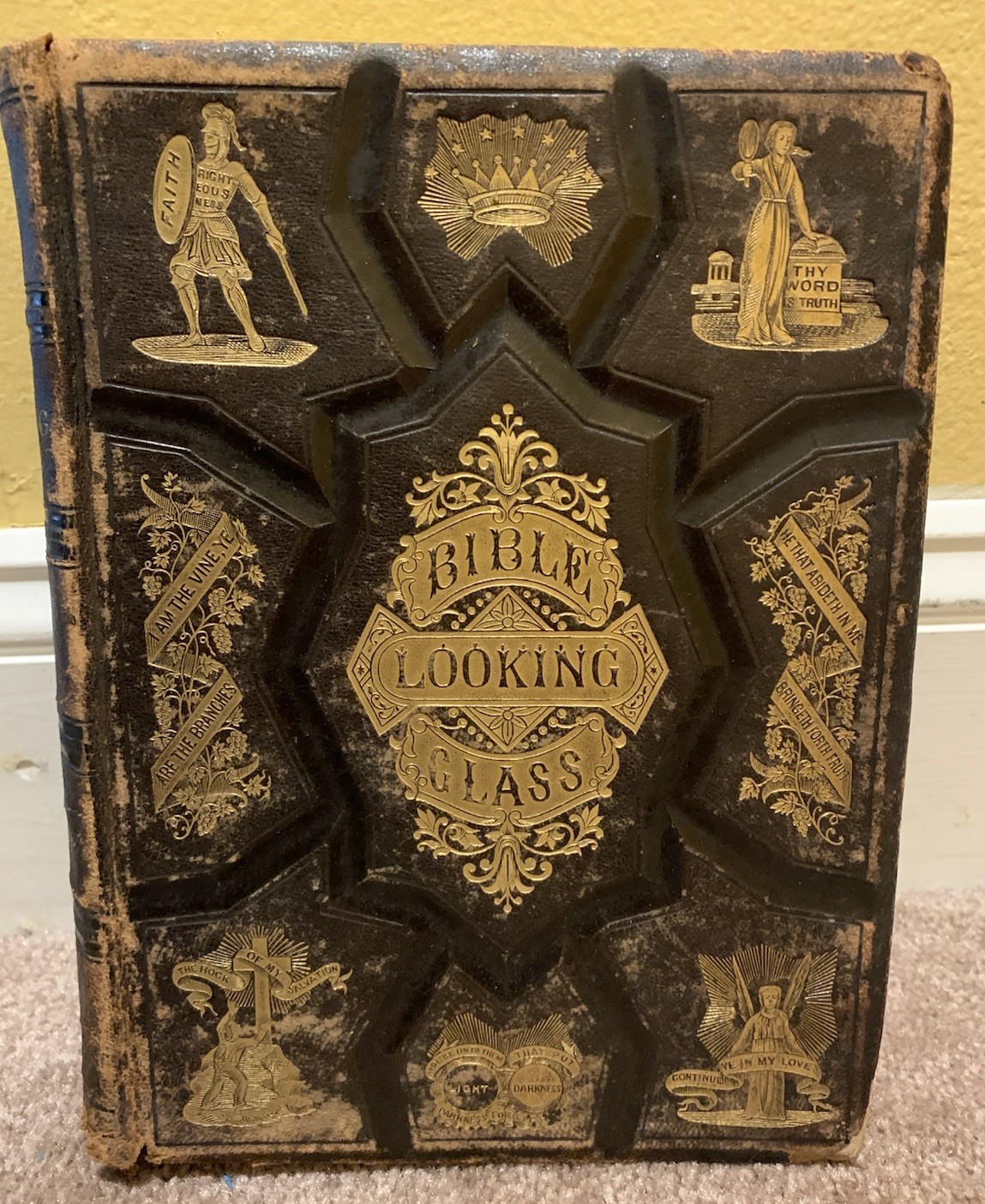 BIBLE LOOKING GLASS VINTAGE 1874 EMBOSSED RELIGION PHILOSOPHY WITH ENGRAVINGS