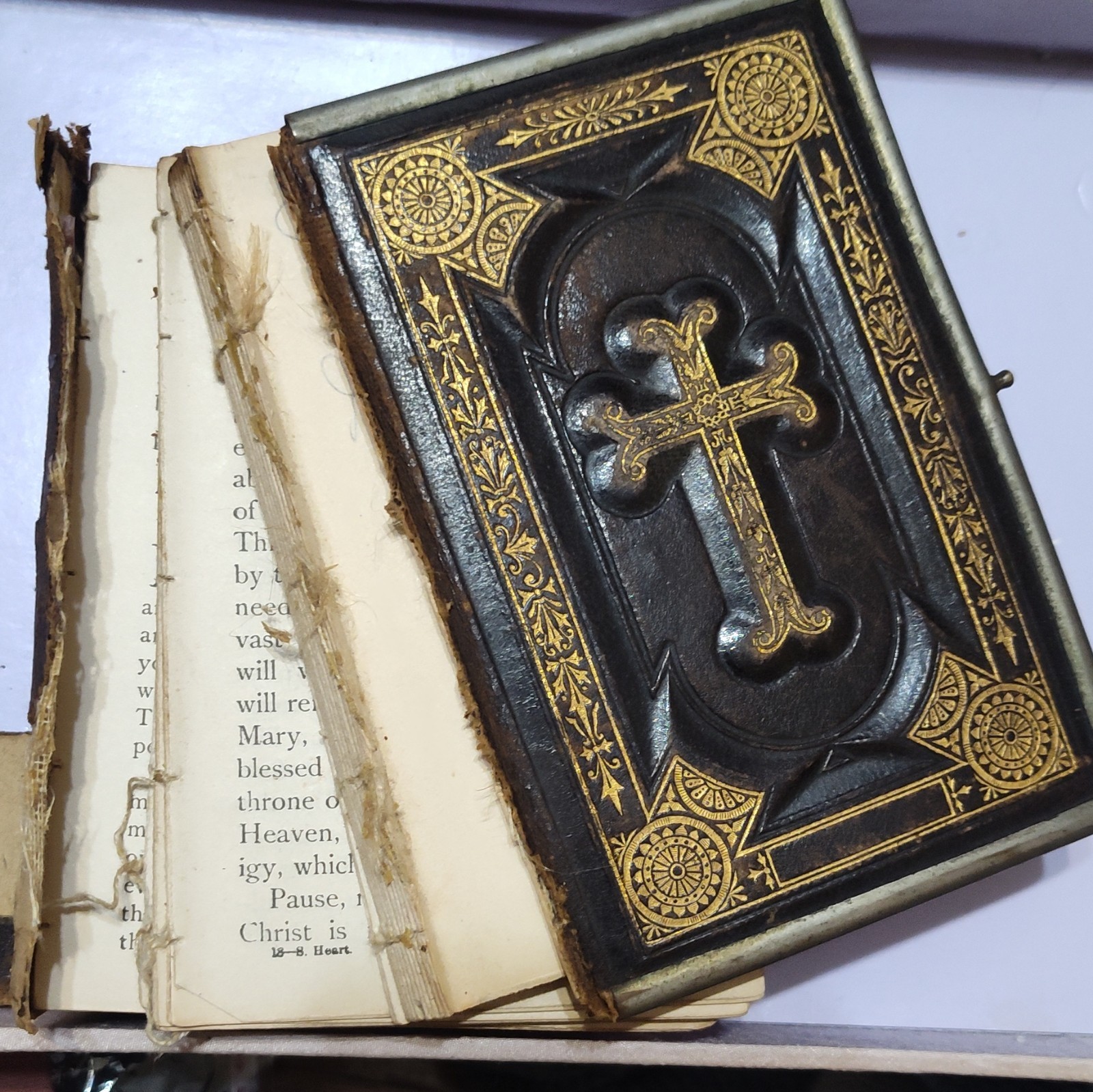 Antique 1877 CatholicPrayerBook-Manualof Sacred Heart-Thomas KellyNY-Metal Clasp
