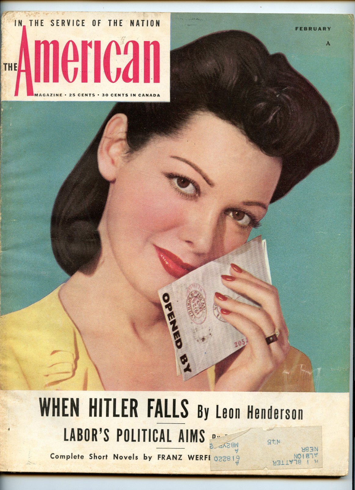 The American Magazine ~ February 1944 ~ Felice Ingersoll Model Cover ~ VG