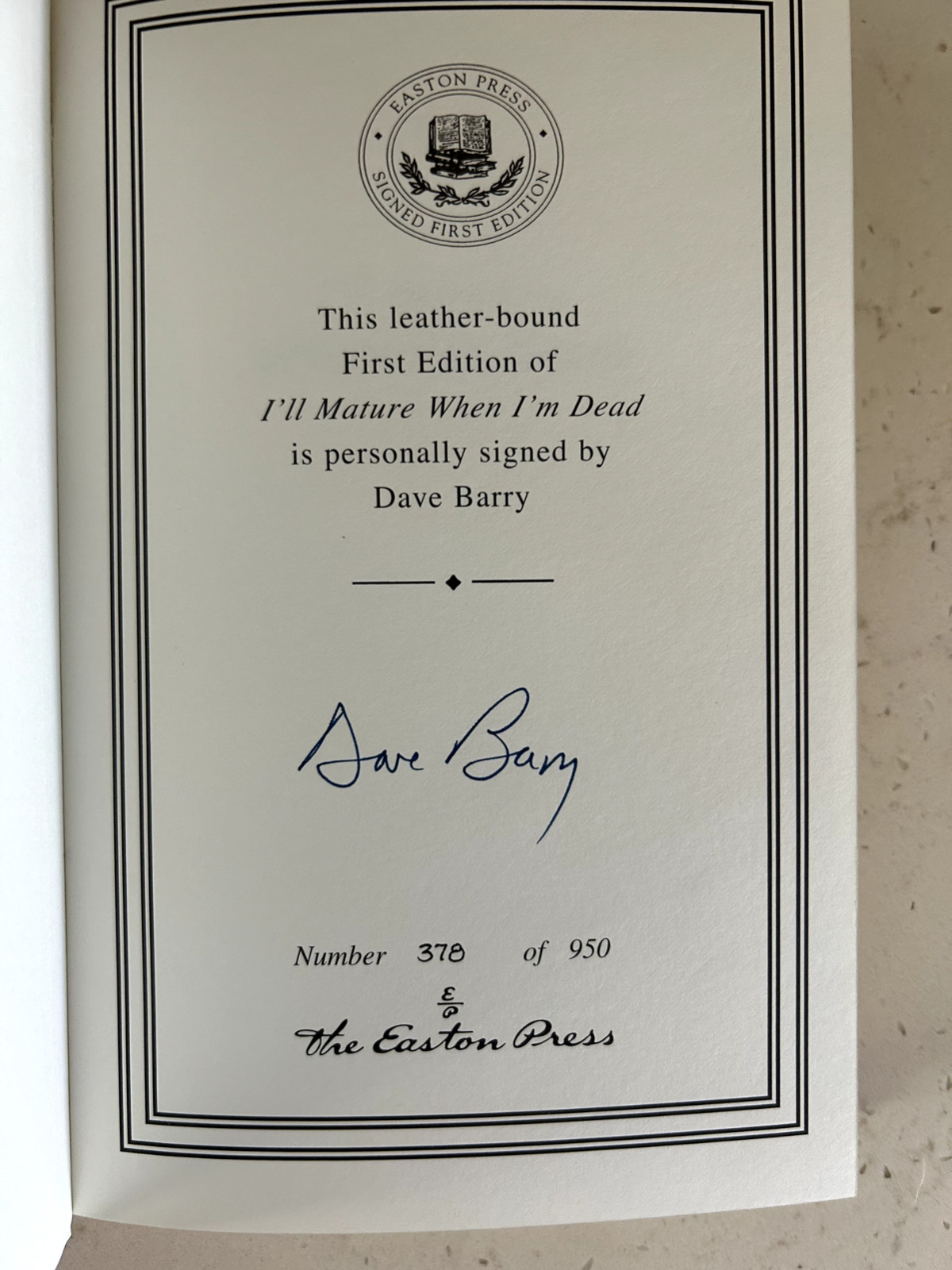 I’LL MATURE WHEN I’M DEAD by Dave Barry SIGNED 1st Edition w/ COA