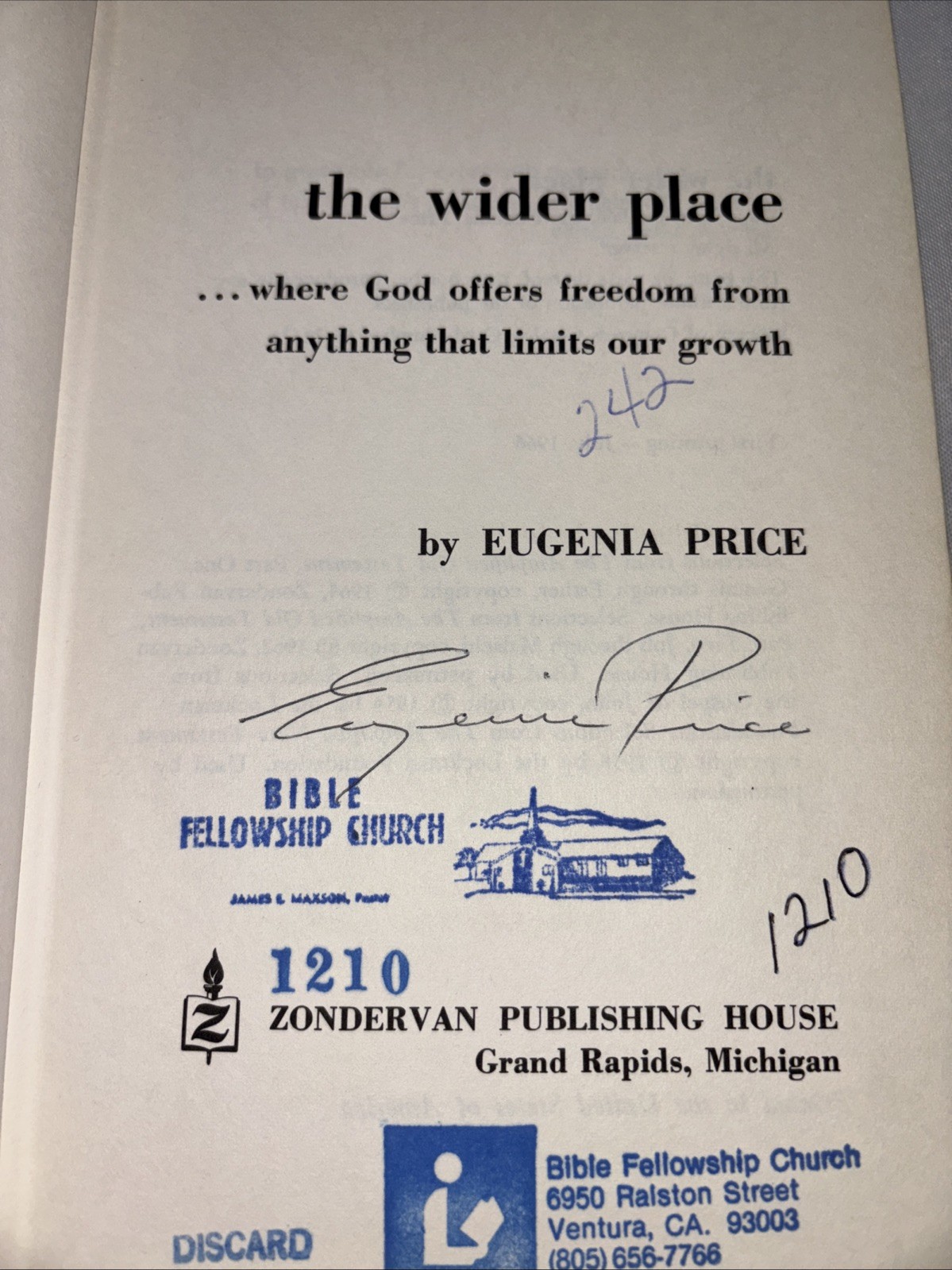 The Wider Place – Eugenia Price 1966, Zondervan Signed Autographed By Author
