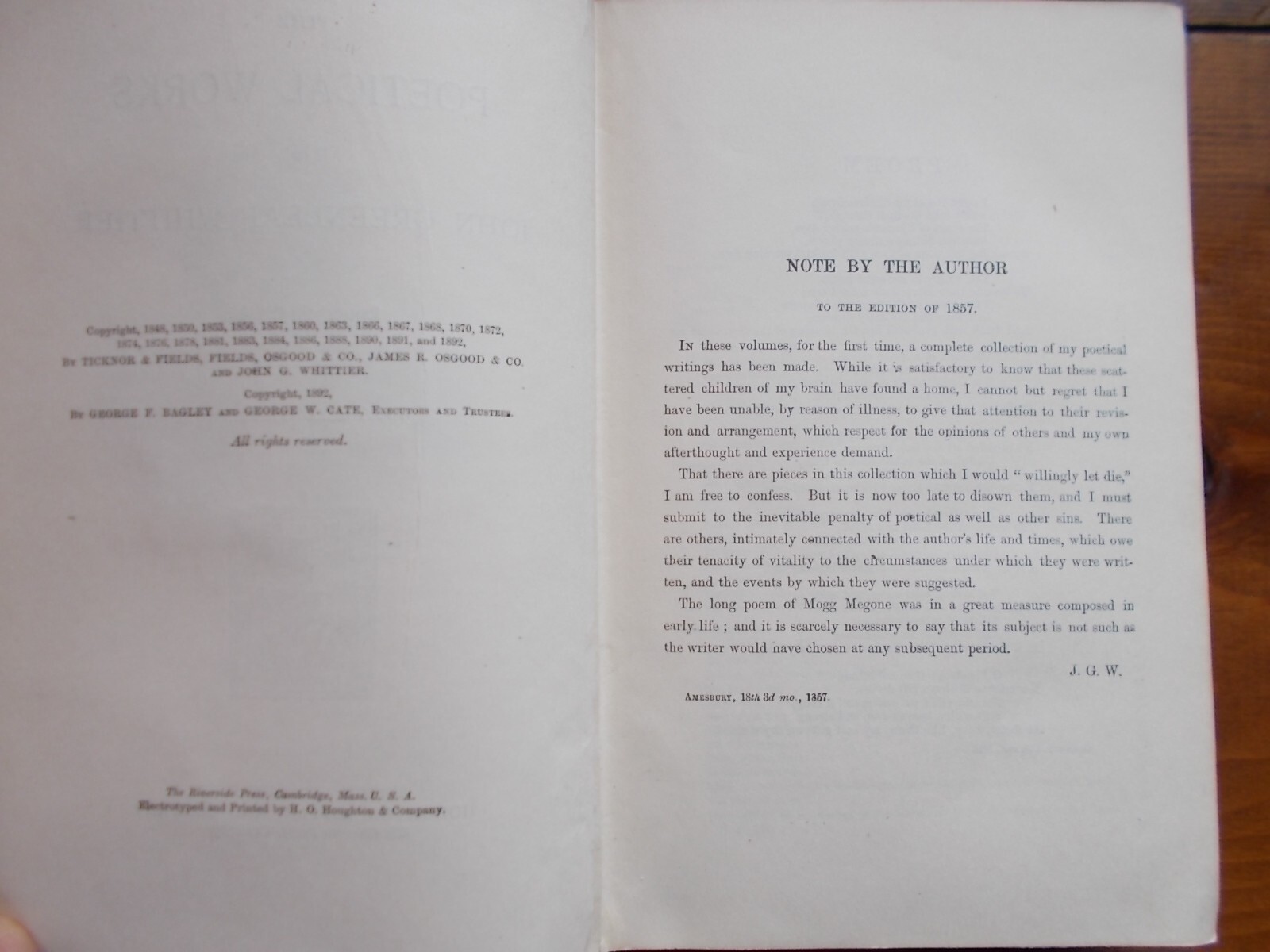 THE POETICAL WORKS of JOHN GREENLEAF WHITTIER c 1892 8″x5″ 491 pgs- see pictures