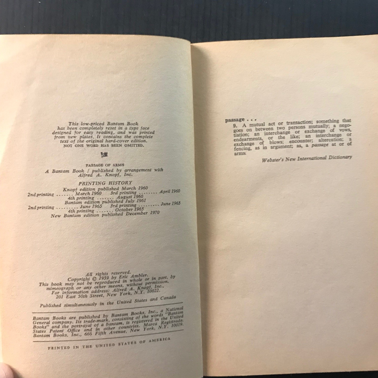 Passage of Arms Eric Ambler 1970 Bantam Paperback Spy Thriller Suspense