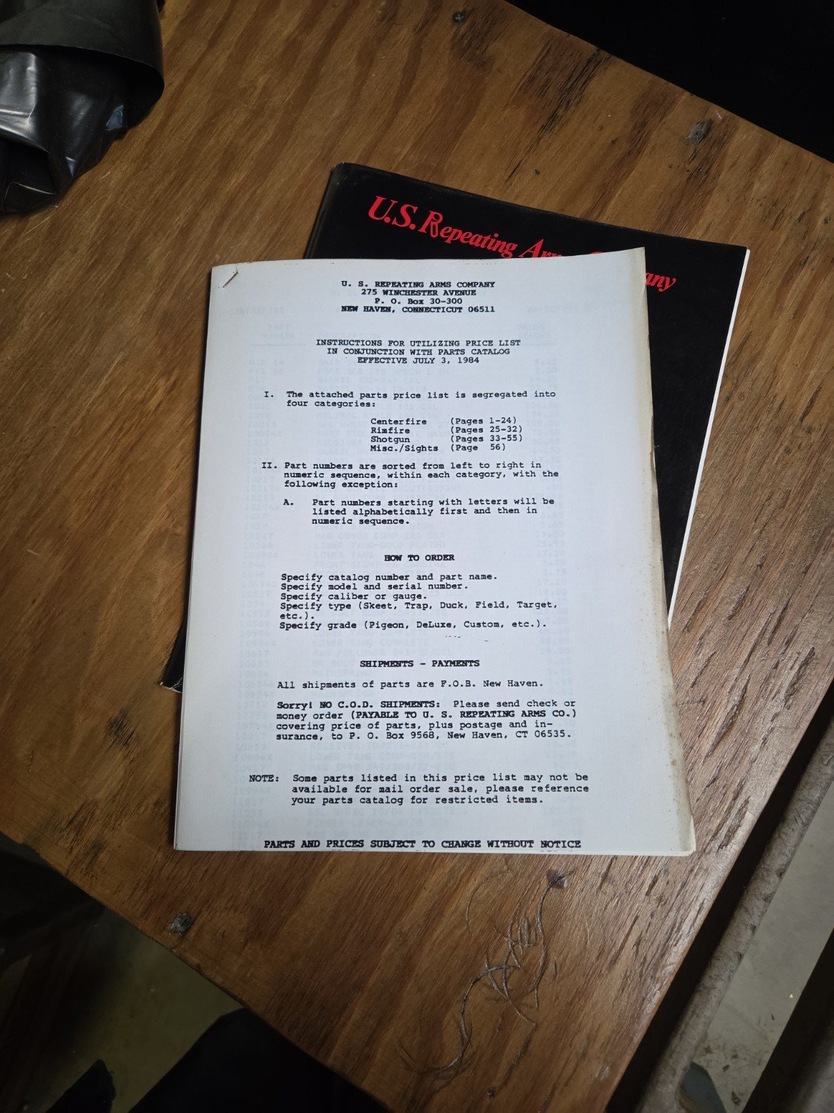 Winchester Brand Firearms Component Parts, Sights, and Accessories 1984