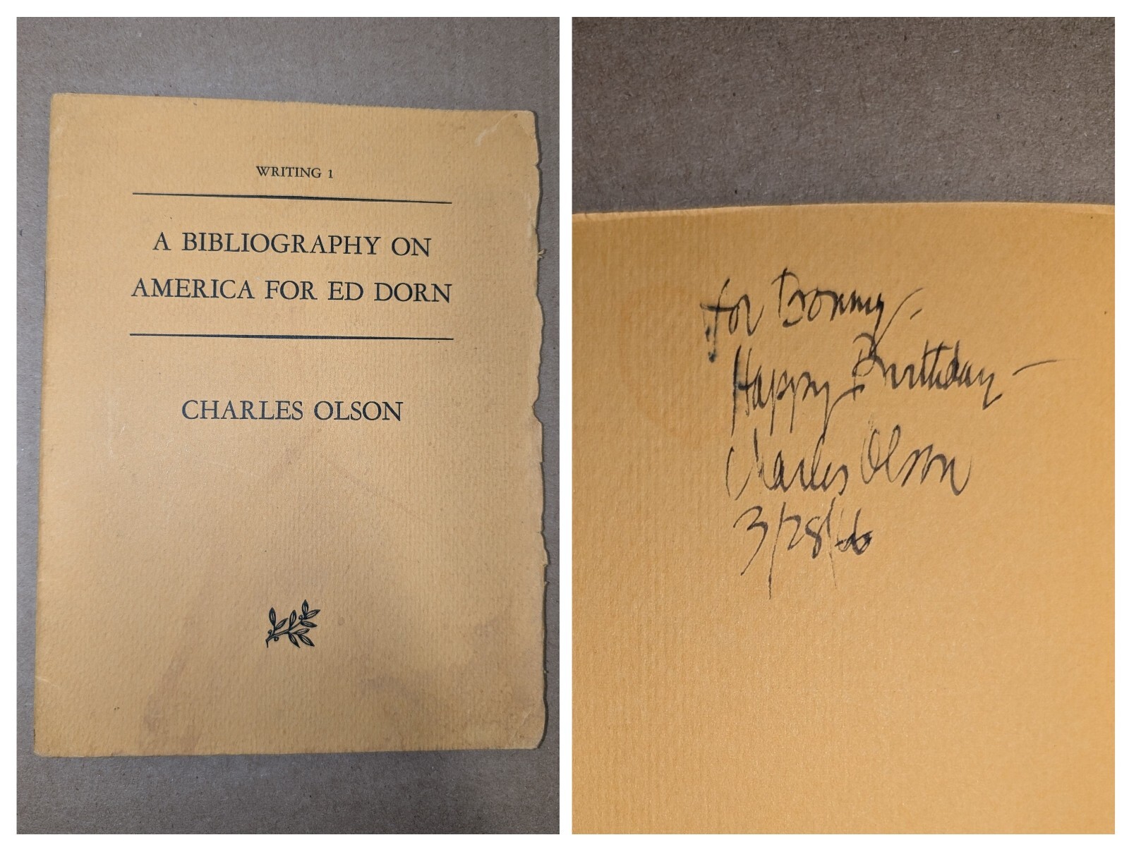 SIGNED CHARLES OLSON Bibliography on America for Ed Dorn 1964 softcover