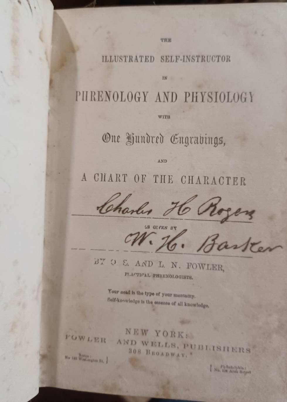 1840 Self-Instructor Phrenology & Physiology, inscribed by Augusta, GA man 1870