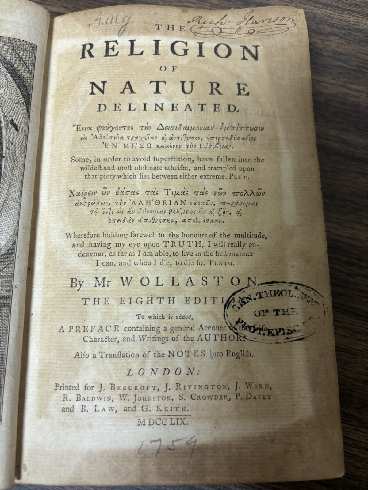 Property Of 9th Pres. William Henry Harrison The Religion Of Nature By Wollaston