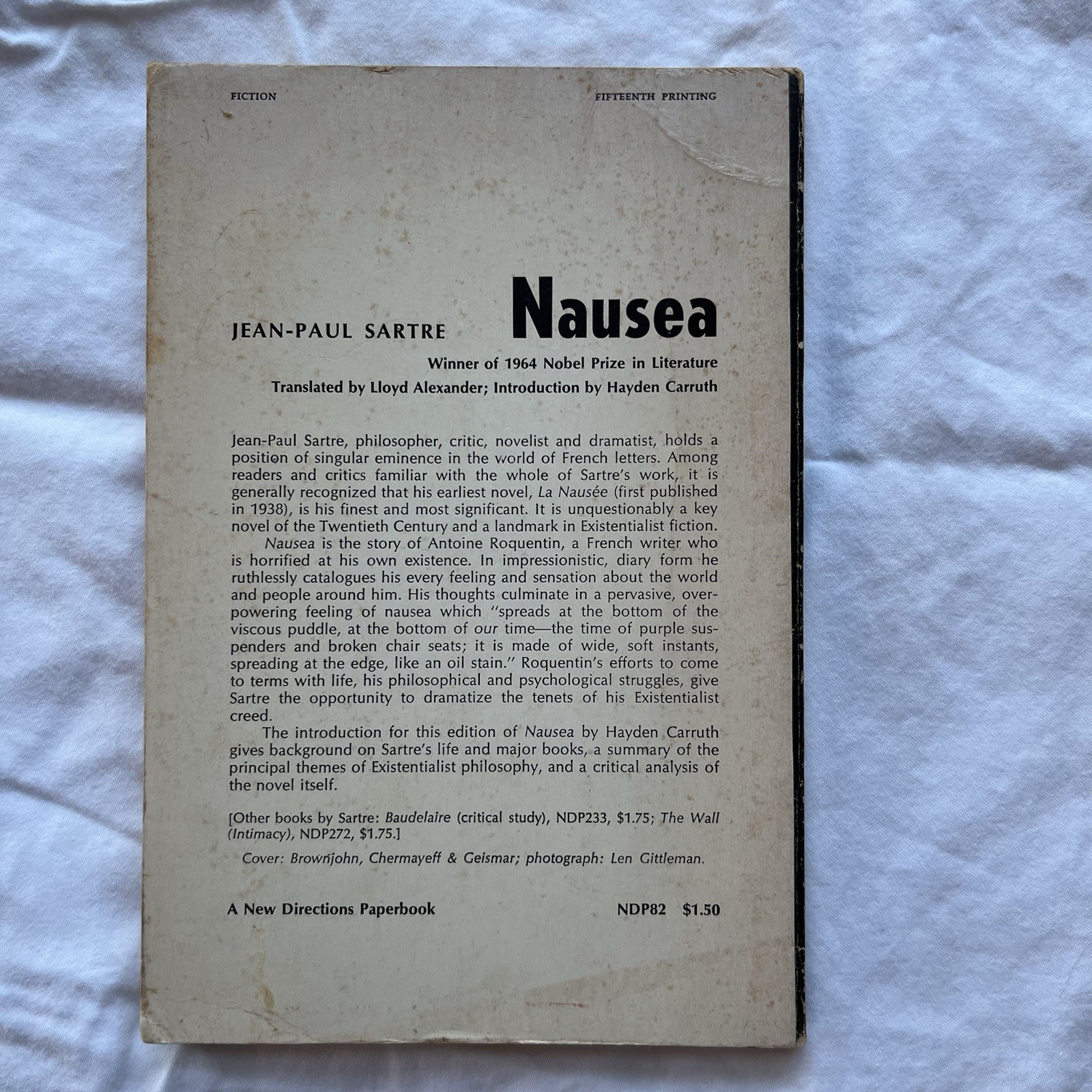 Nausea Jean Paul Satre Vintage ND82 New Directions Cover Fifteenth Printing