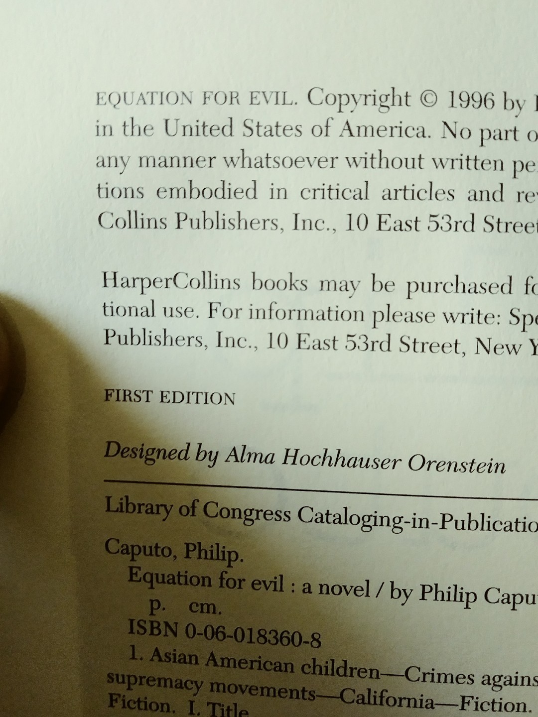 EQUASION FOR EVIL SIGNED FIRST EDITION. PHILLIP CAPUTO. MINT CONDITION. HARD COV