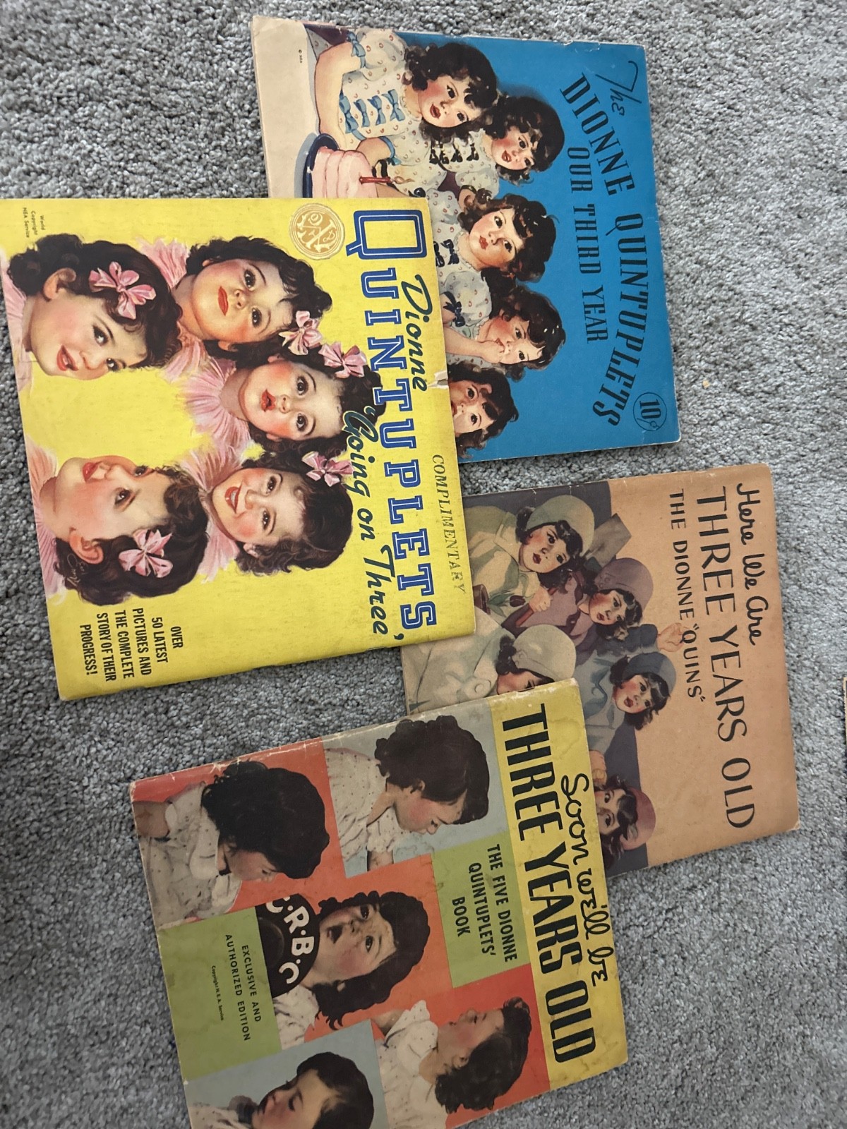 4 Vintage Dionne Quintuplets as 3 yr olds 1936/37 Soft Cover Books