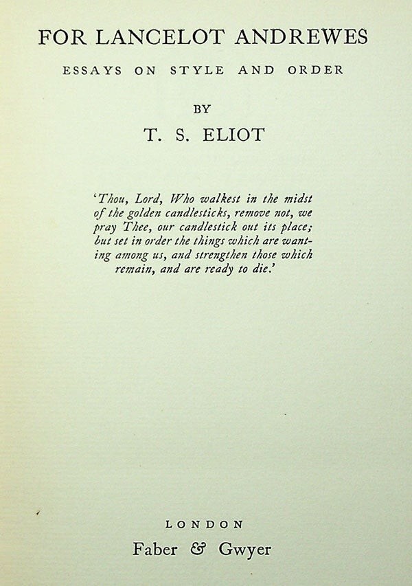 T.S. Eliot FOR LANCELOT ANDREWES – 1st ed 1928 – VG Copy, 1500 Copies Printed