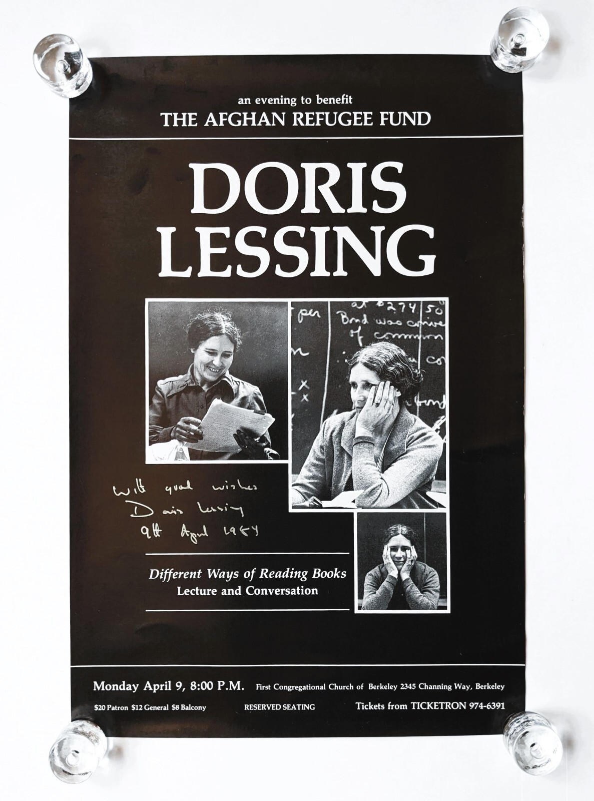 DORIS LESSING POSTER SIGNED & INSCRIBED – EVENT to BENEFIT AFGHAN REFUGEES