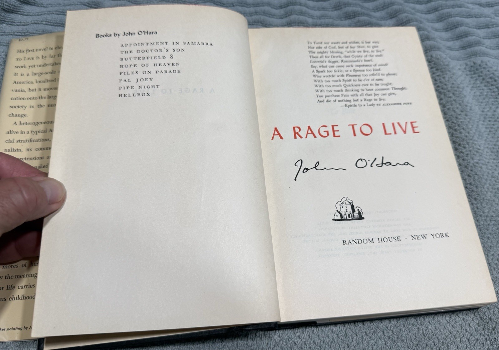1949 A Rage to Live John O’Hara AUTO-SIGNED First Edition 4th Printing HC/DJ