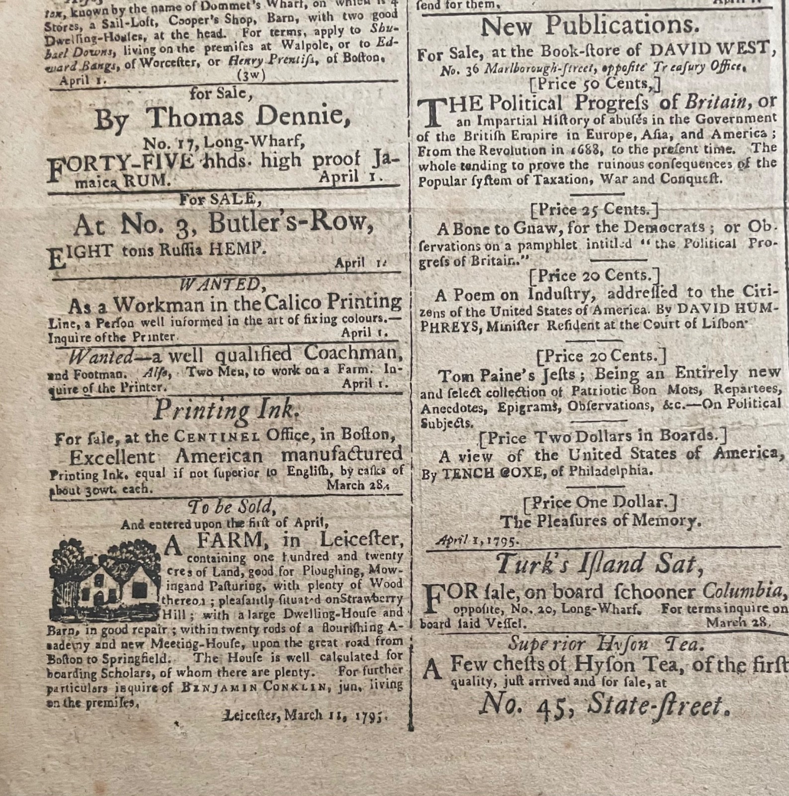 1795 COLUMBIAN CENTINEL ~ SLAVE TRADE REMAKING BOSTON JAY TREATY INDIAN TRIBES