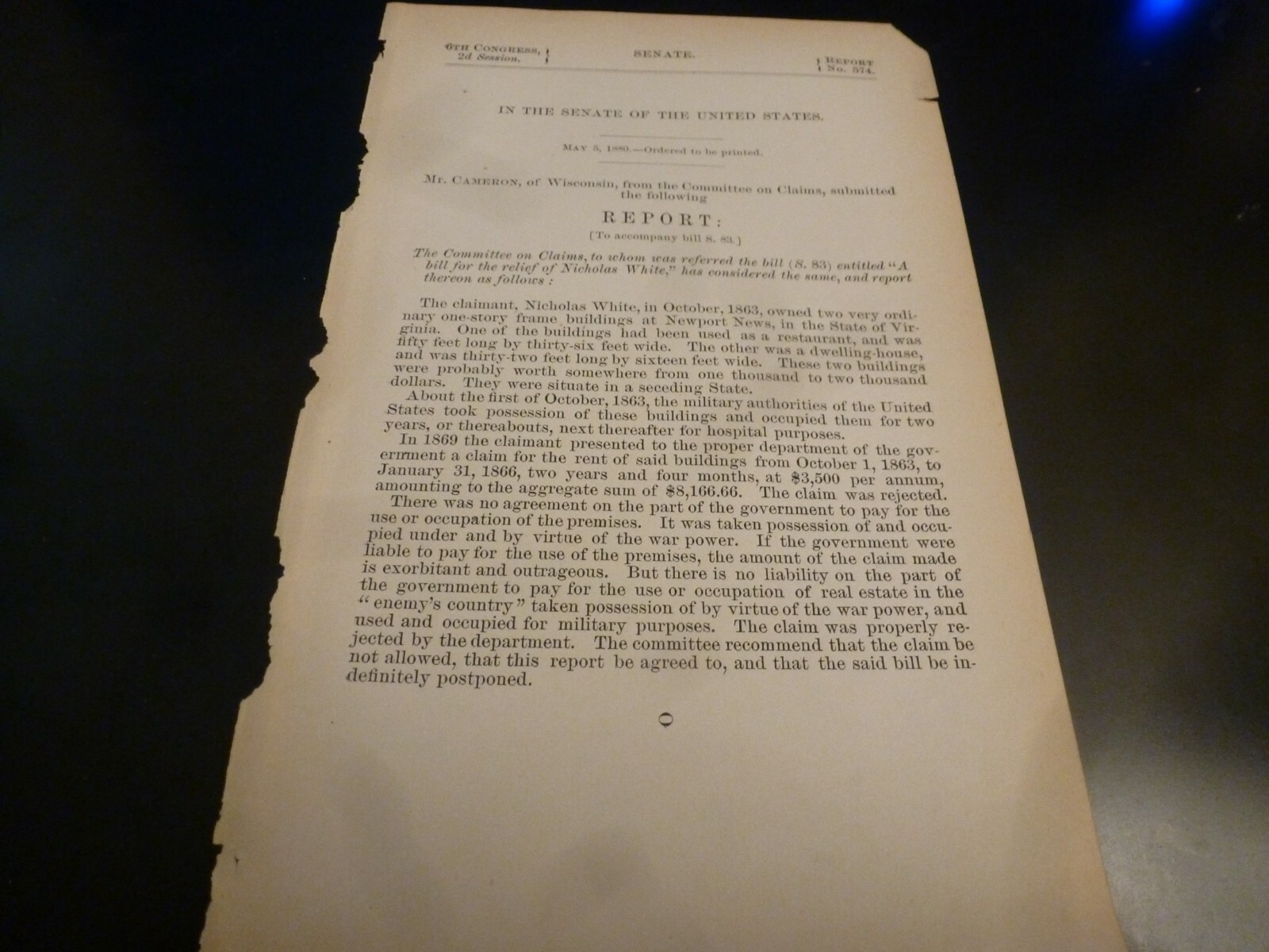 Government Report 1880 Relief Nicholas White Newport News 2 Buildings Civil War