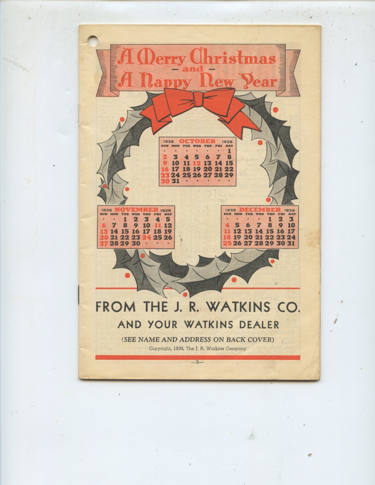 1938 „J. R. WATKINS COMPANY“ BOOKLET (1939 MONTHLY CALENDAR, RECIPES, ARTICLES)