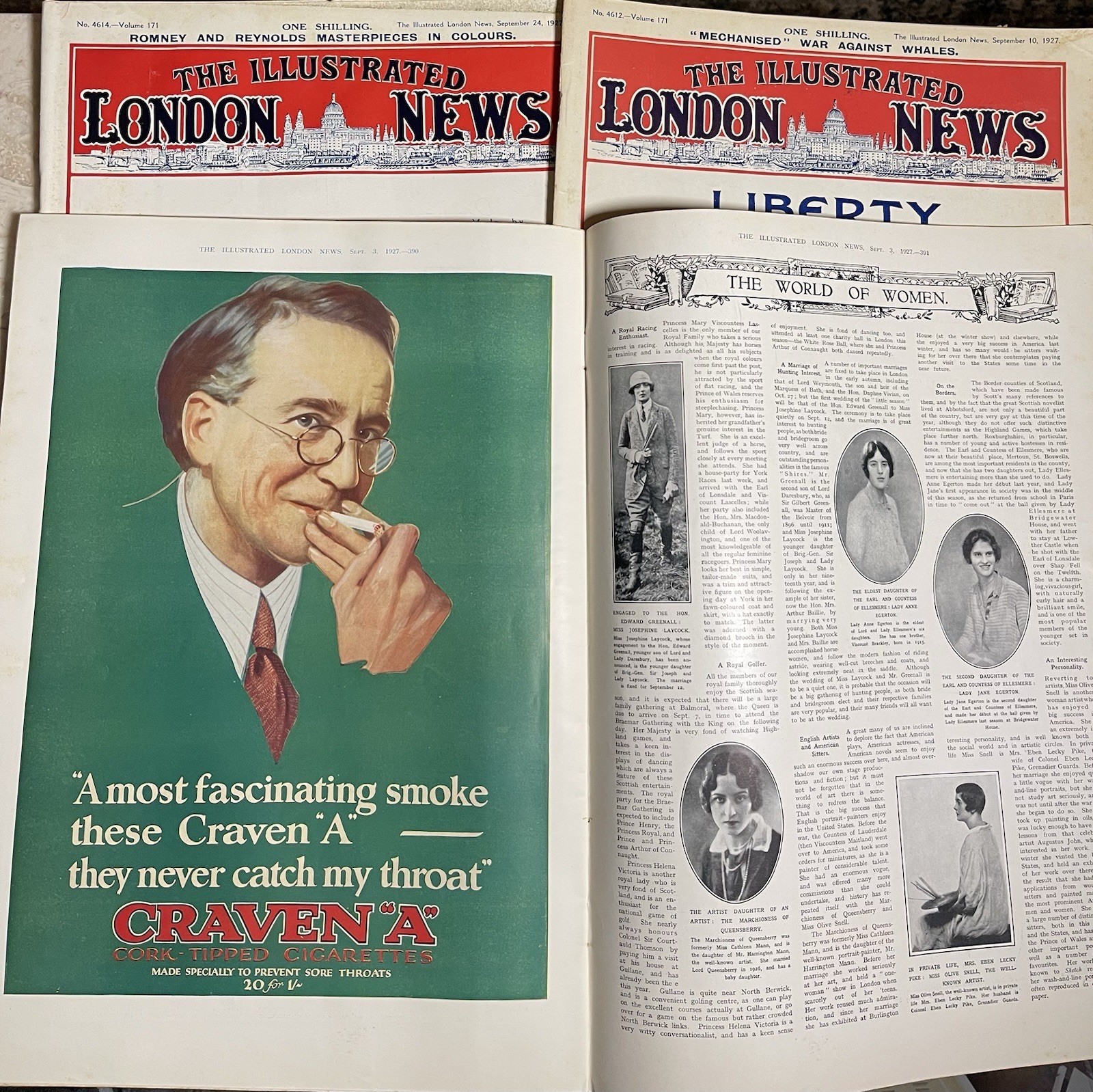 1927 Lot Of 3 September 3-24 THE ILLUSTRATED LONDON NEWS MAGAZINE Royals Fashion