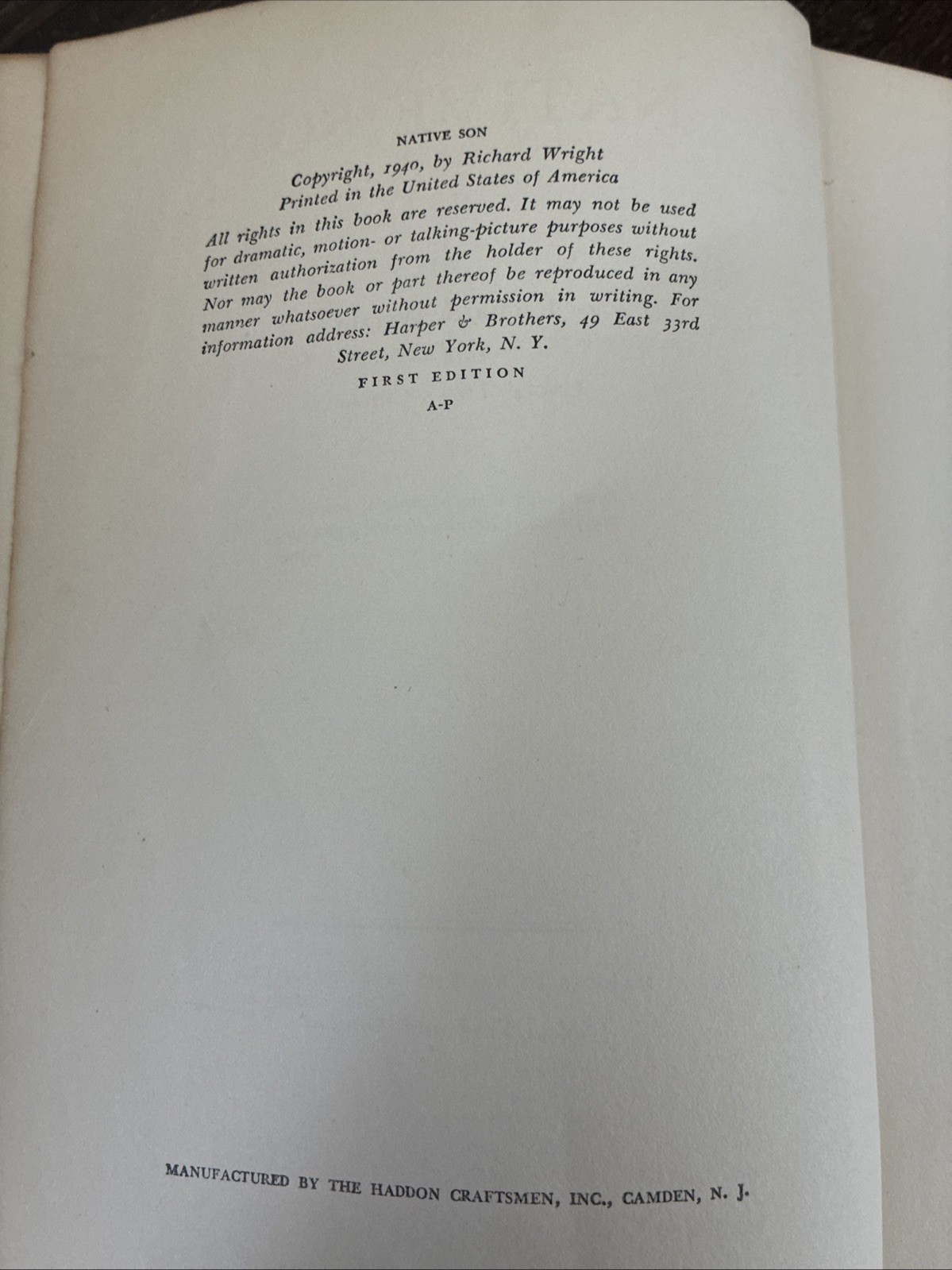 Native Son 1940 Richard Wright 1st Edition/1st Print
