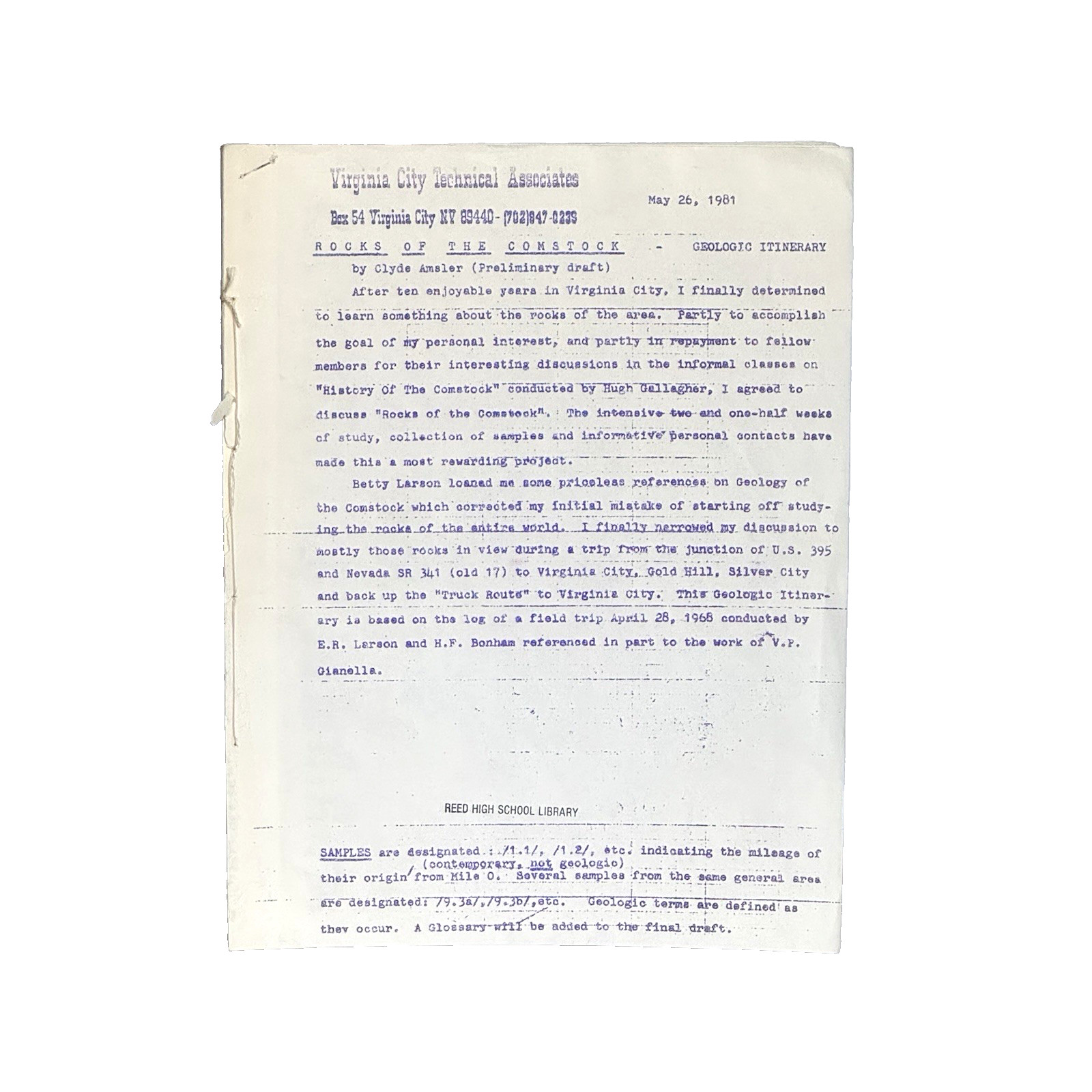 1981 Rocks of the Comstock Geologic Itinerary Draft Amsler Virginia City Nevada