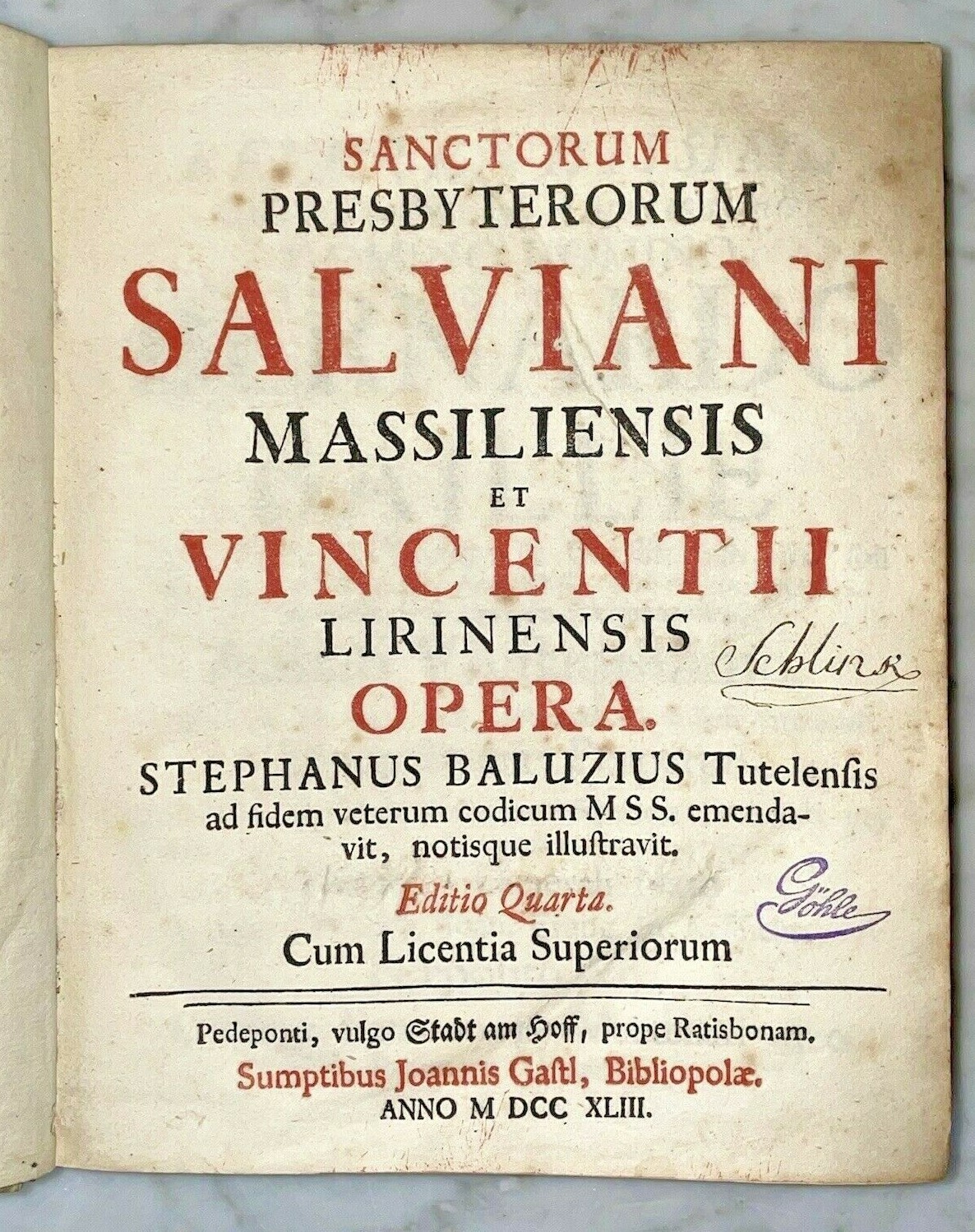 Salviani et Vincentii Opera, ed. Stephanus Balucius, Stadtamhof 1743