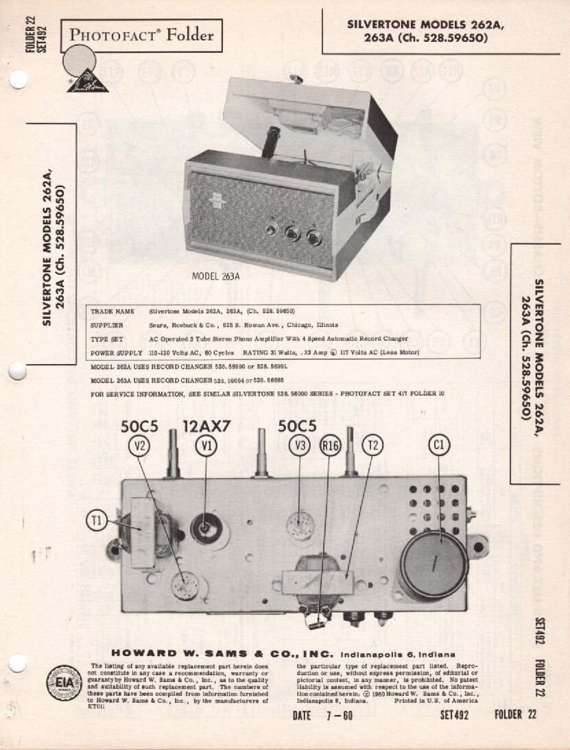 Silvertone- Model 262A/263A – Record Changer – Original Service Manual – 1960