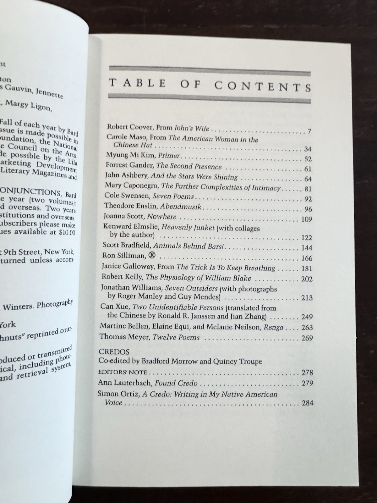 Conjunctions The Credos Issue literary magazine Ashbery Creeley Acker Gass