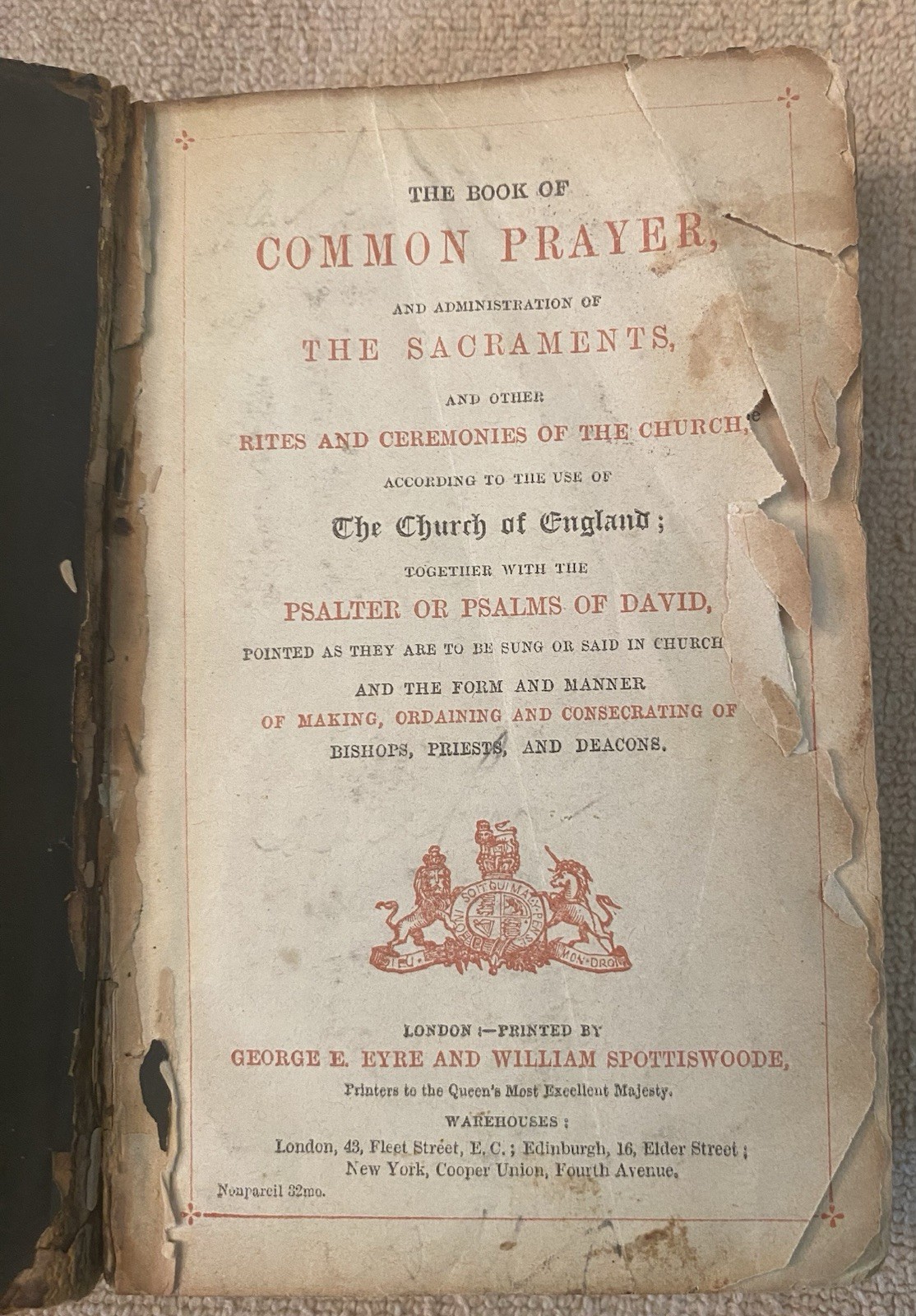 Antique Book of Common Prayer Sacraments, Eyre & Spottiswoode, Victorian Era