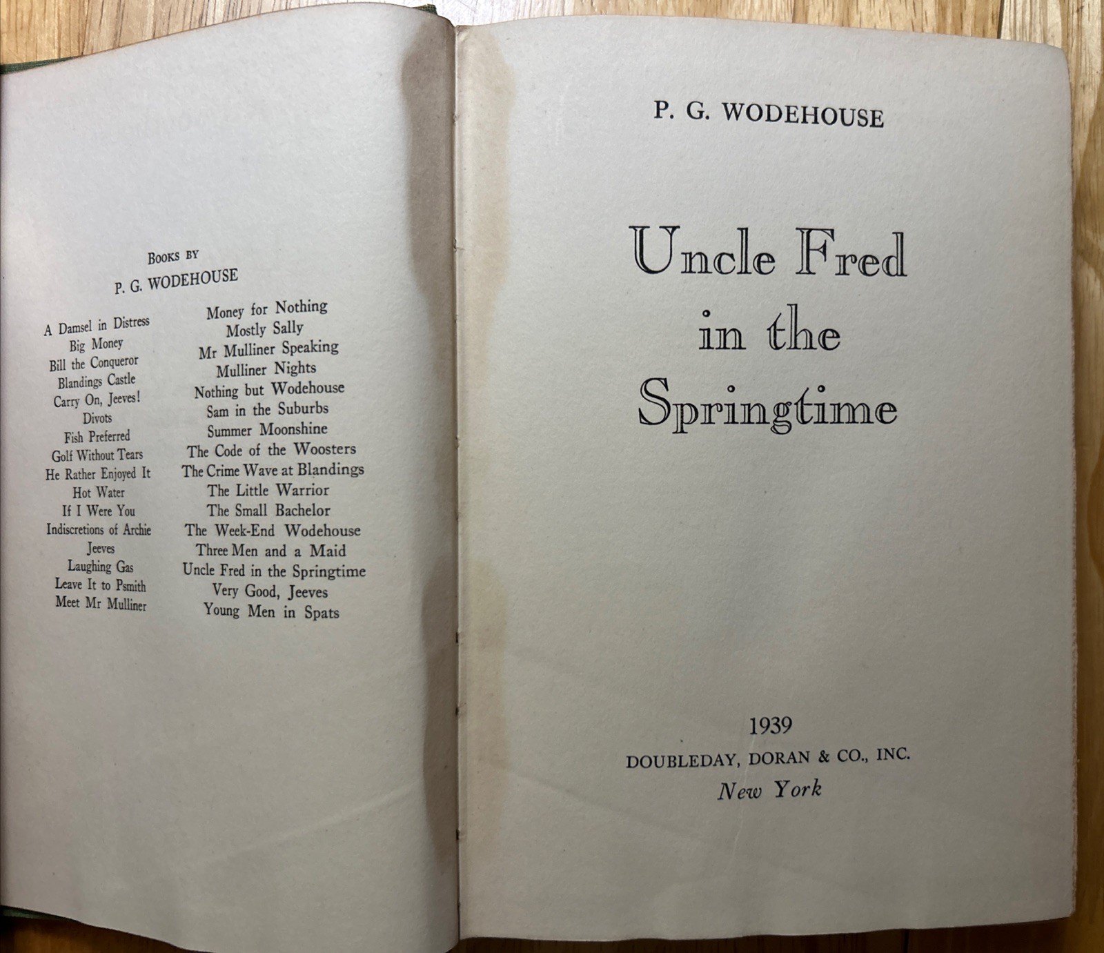 Wodehouse Uncle Fred in the Springtime 1939 HC First Edition DJ