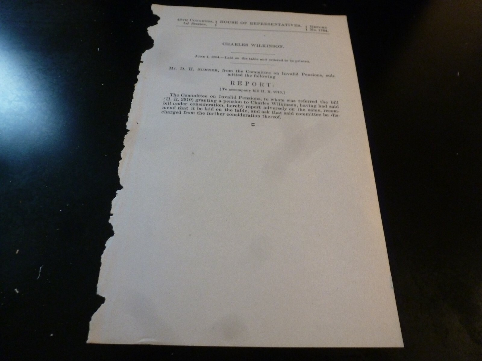 Government Report 1884 Charles Wilkinson Report Adversely Bill Pensions