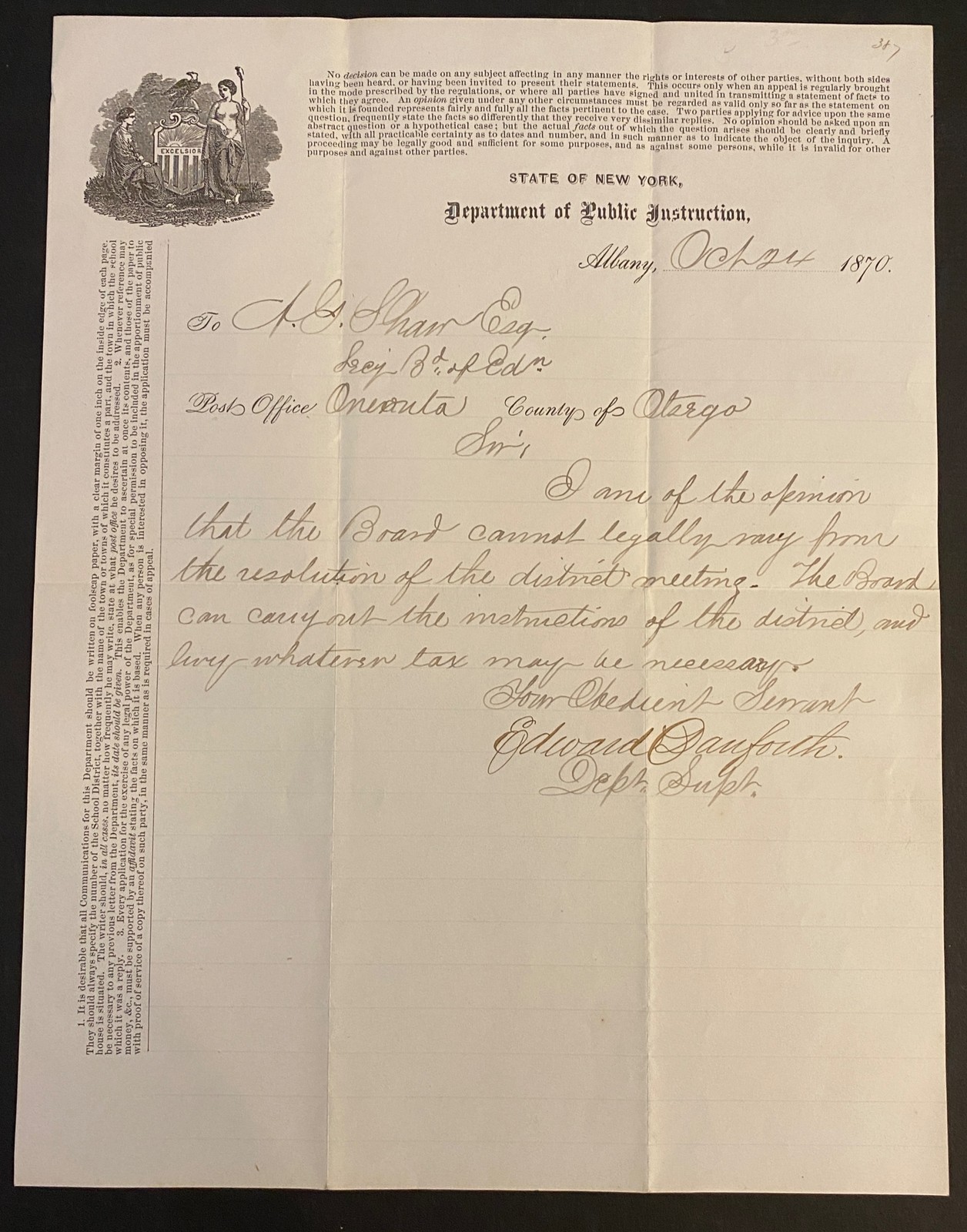 1870 ALS OPINION LETTER by EDWARD DANFORTH New York Dept. of Public Instruction
